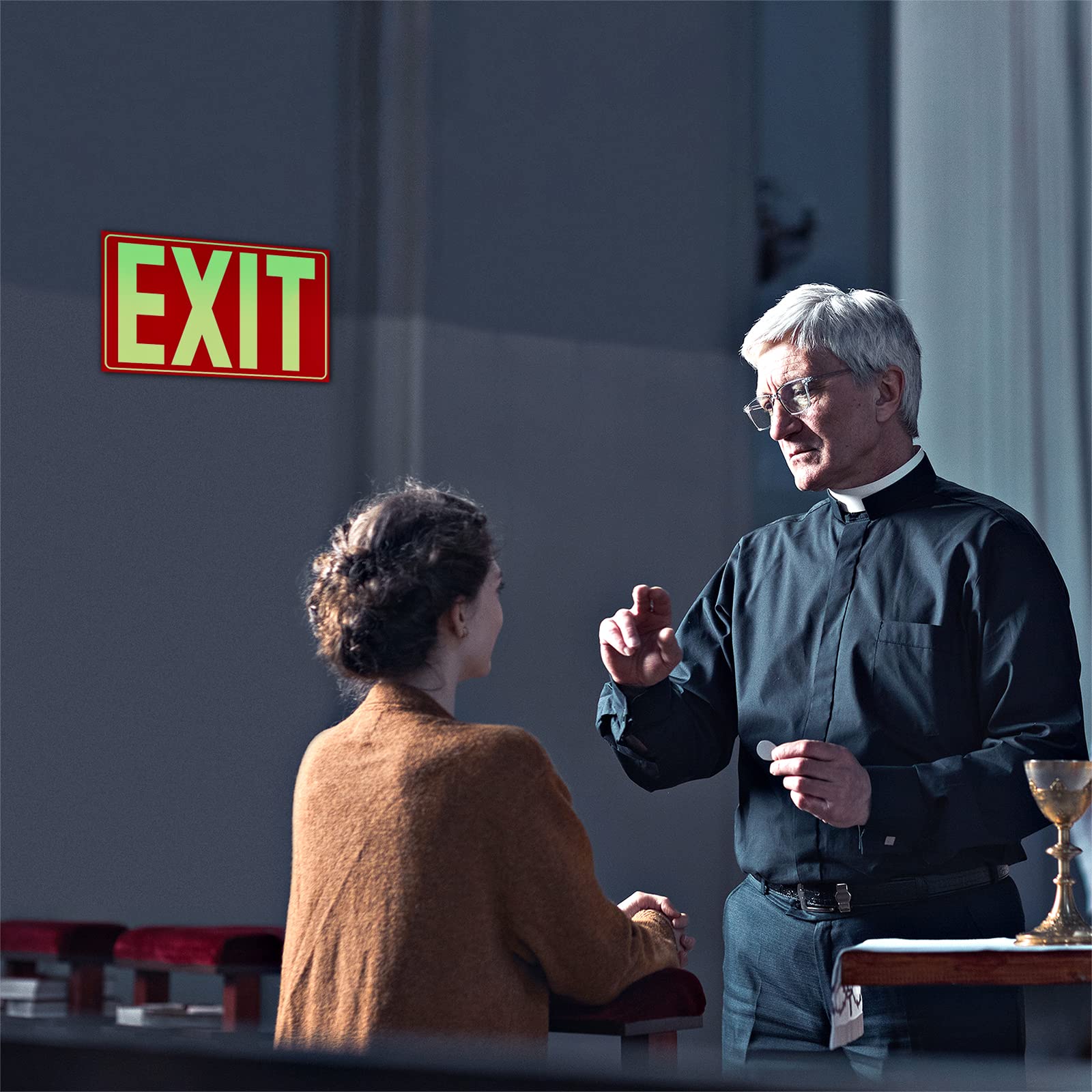 Glow In The Dark Photoluminescent Exit Sign Red - Adhesive Backing – Uv Inks On Tear-Resistant Pvc - Non Electrical - Scratch Resistant -12 X 7 Inches For 50 Feet Visibility (2 Pack)