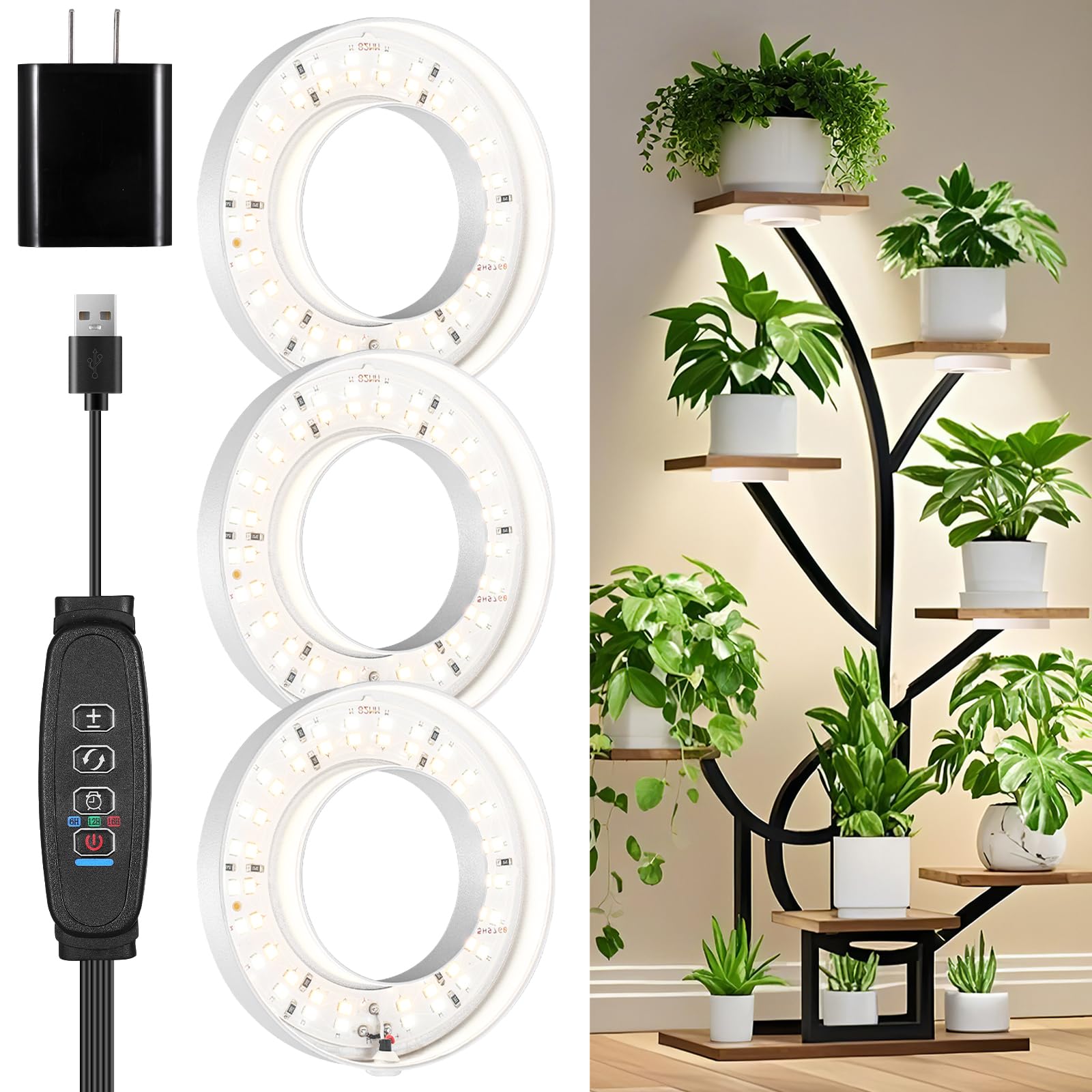 3 Head White Halo Angel Ring Ceiling LED Plant Growth Lights for Shelf  3000K+6000K Full Spectrum Grow Lamps for Plant Growth Indoor Plants with 6/12/16H Timer  3 Spectral Modes  10 Dimmable Levels