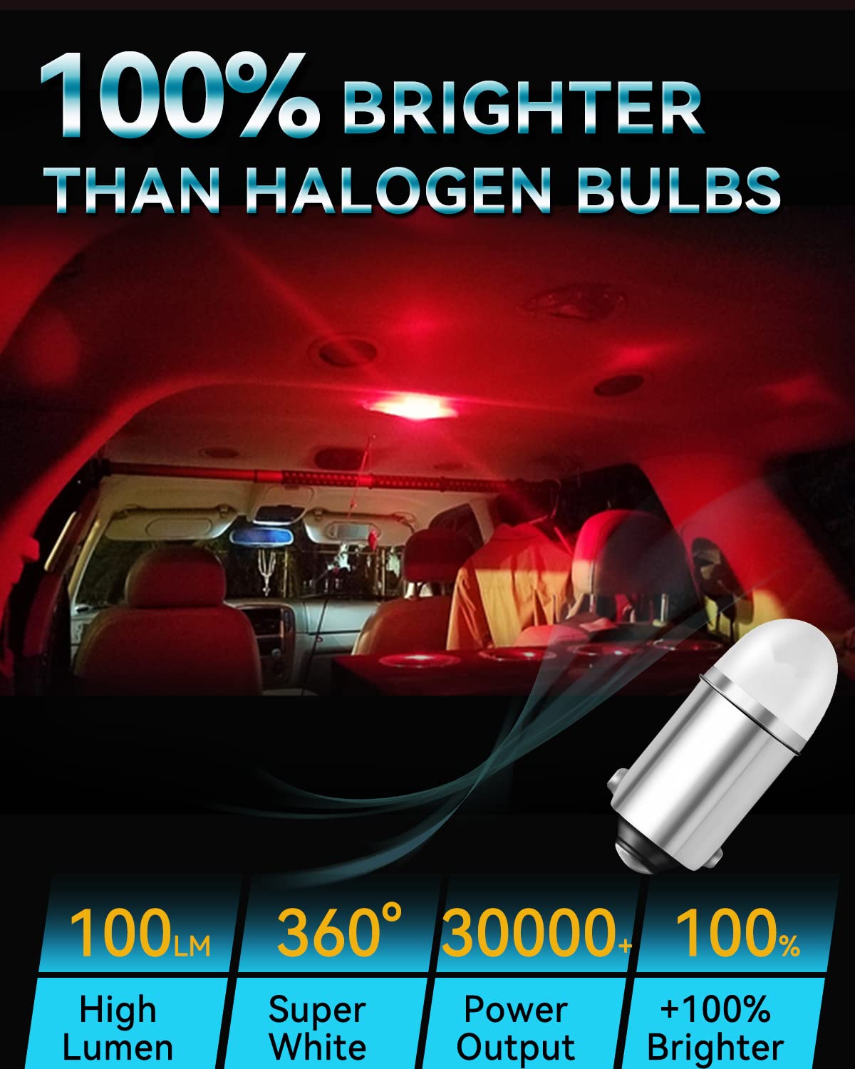 Keiurot BA9S LED Bulb for Indicator Lights - Red - 10-Pack - 12V