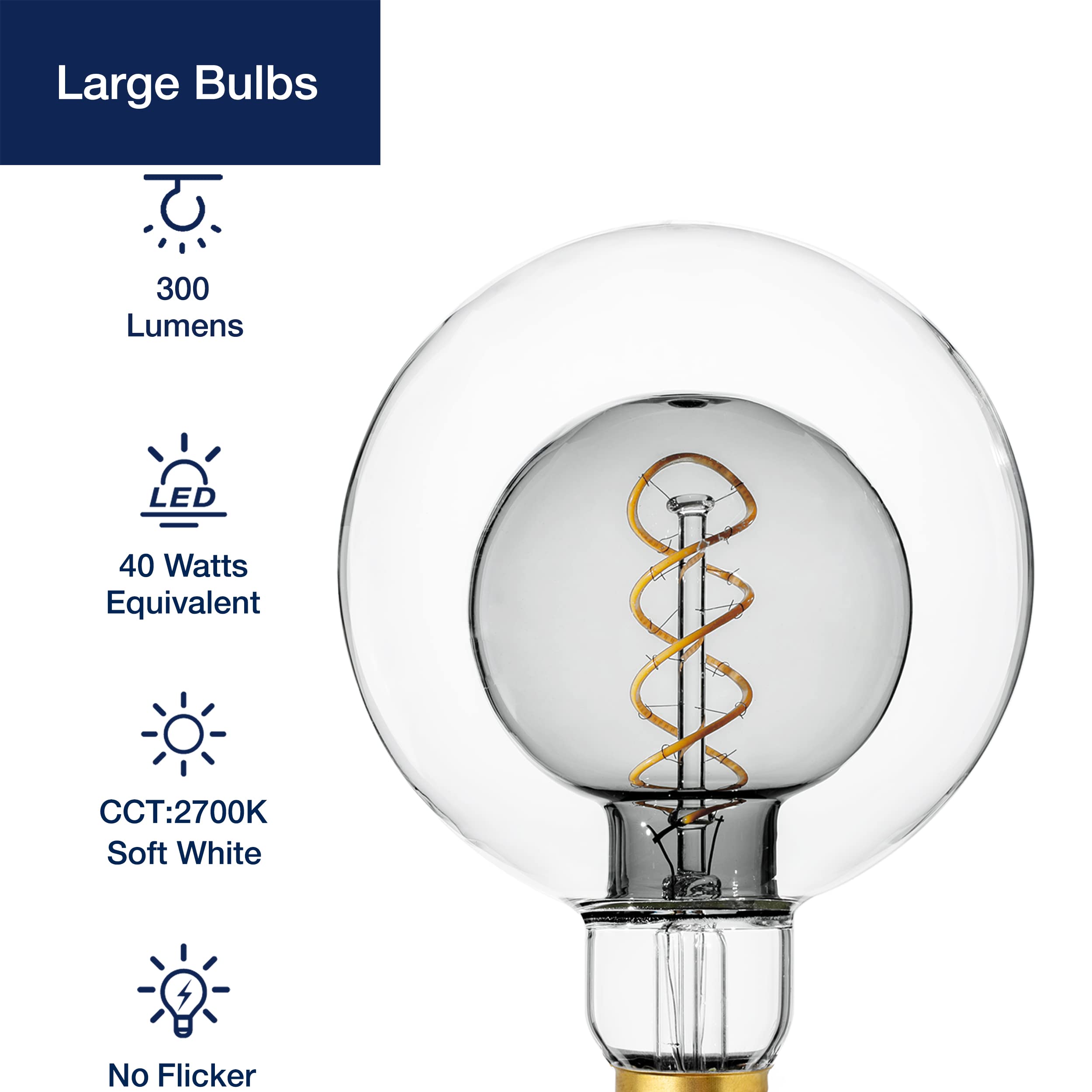 Flsnt Oversized Globe Led Edison Bulbs, 2700K Soft White, Dimmable, 7W(40W Equivalent), 300Lm, E26 Medium Base, Cri90, Smoke Gla