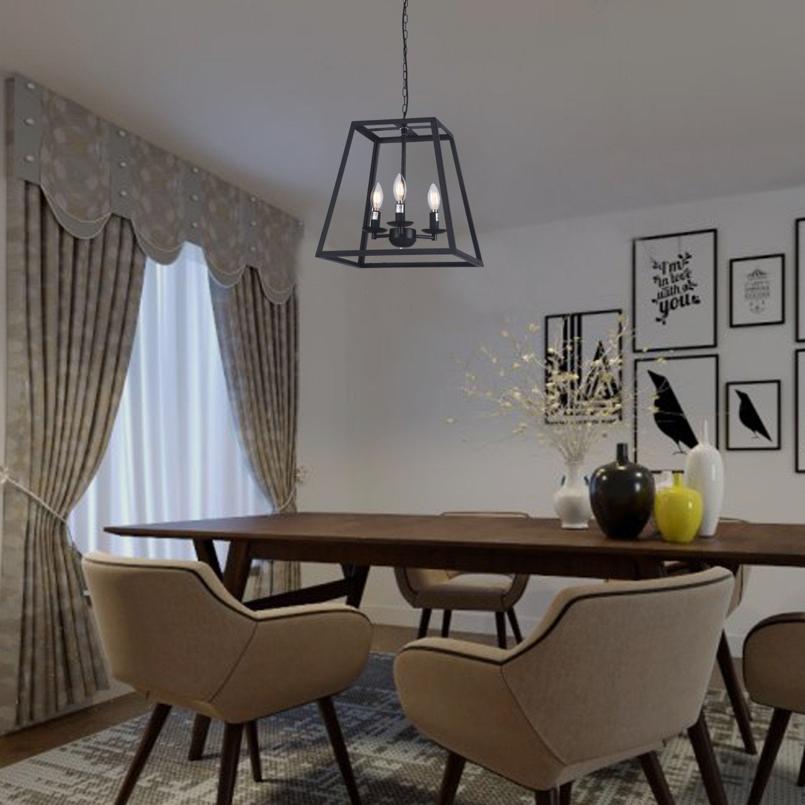 Raekor 14" Modern Black Metal Iron Frame Square Cage Chain Hanging Chandelier Ceiling Light 3-Bulbs Lantern Lighting Fixture, Matte Black Finish, Ul Certificated