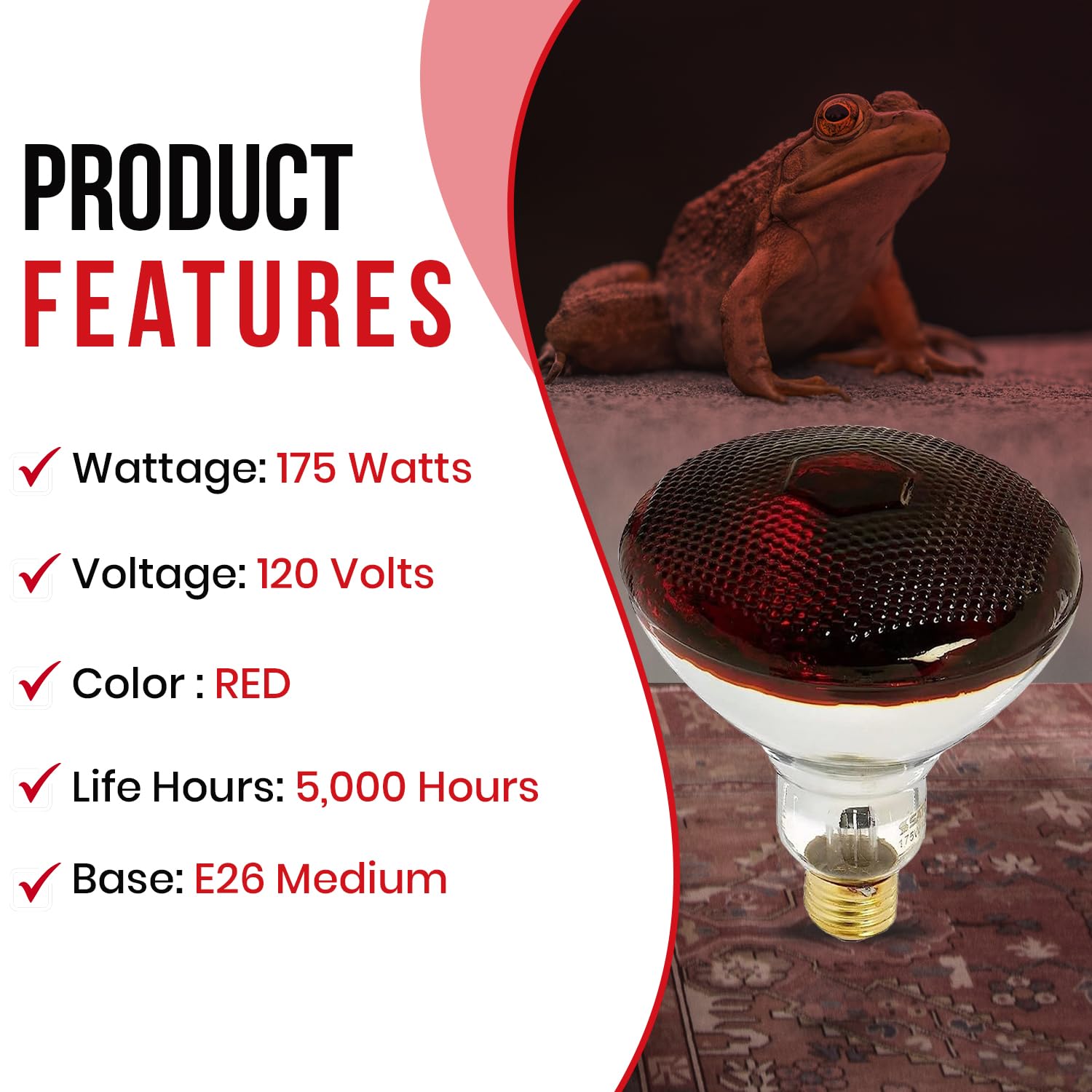 250 Watts R40 Red Heat Lamp Light Bulbs Infrared Flood Reflector Incandescent Spotlight For Food Service, Brooder Bulb, Chicken, Pet, Bathroom, Light Therapy 250R40/Hr Medium E26 Base 1 Pack