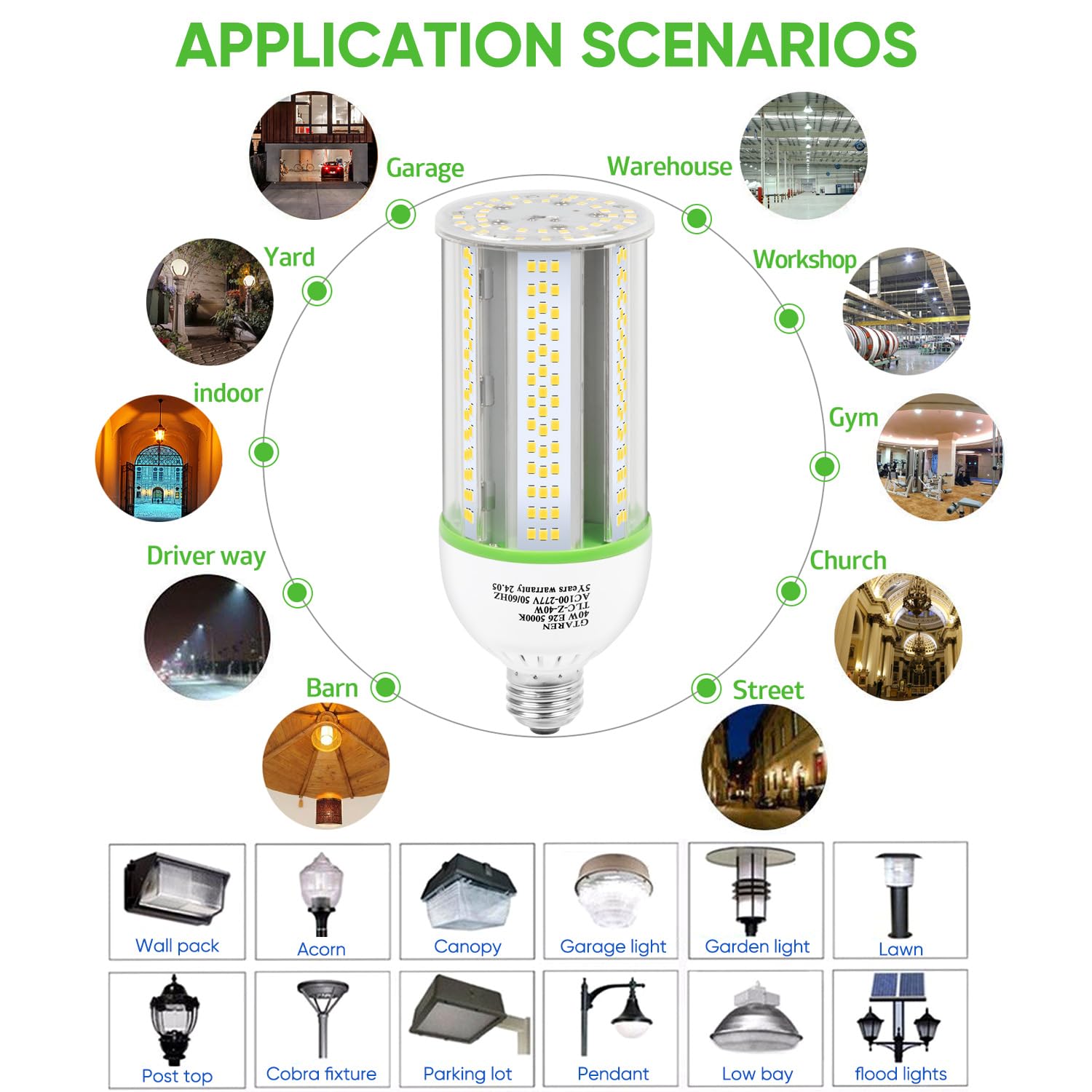 40W Led Corn Cob Bulb  400W Equivalent  5000K Daylight  E26/E39 Base  5600 Lumens - Replace Halogen/Metal Halide  For Barn  Shop  Porch  Yard  Garage Lighting