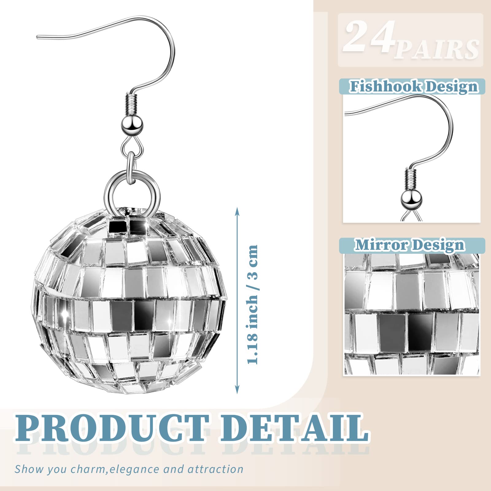 Kigeli Disco Ball Earrings for Women, 24 Pairs, Silver Glass, Model Kigeli-98541, Party Accessories, Hippie Jewelry