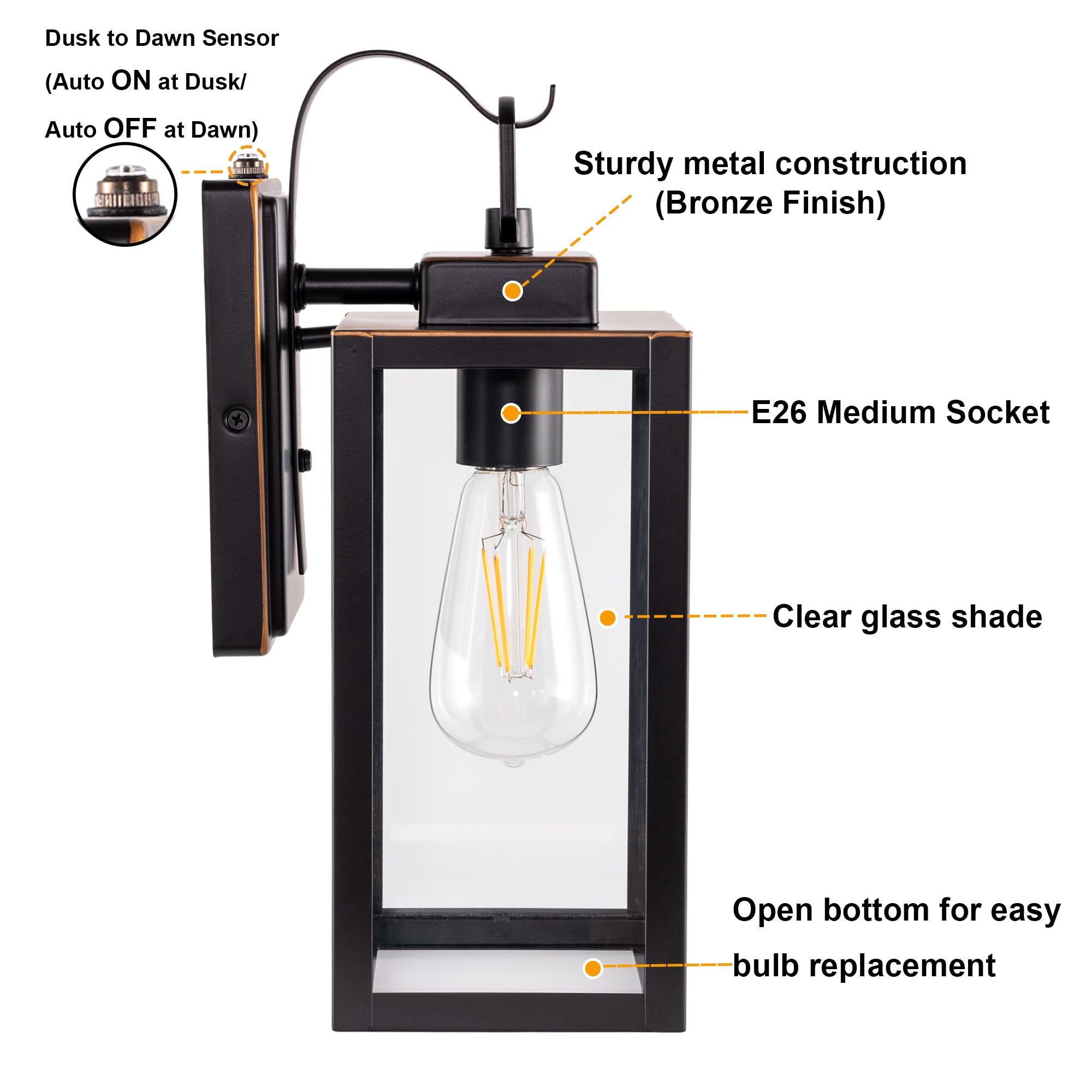 Gruenlich Dusk to Dawn Outdoor Wall Lantern, E26 Base Max 60W, Metal Housing, Oil Rubbed Bronze Finish, Model GR-WL004D2D-ORB