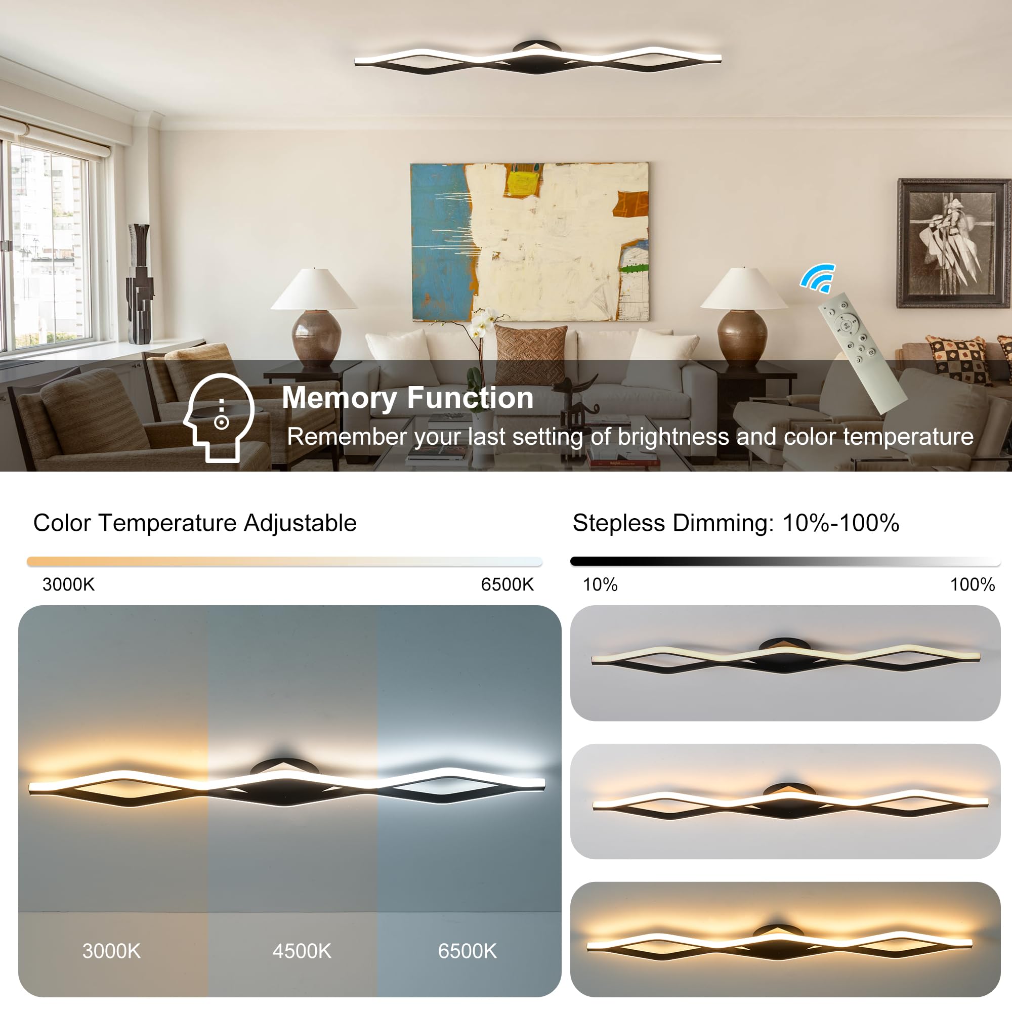 Qcyuui Dimmable Led Ceiling Lights 46.4 Kitchen Lighting Fixtures Ceiling Black Flush Mount Ceiling Light With Remote Linear Ceiling Light For Kitchen Bedroom Dining Room Hallway 24W