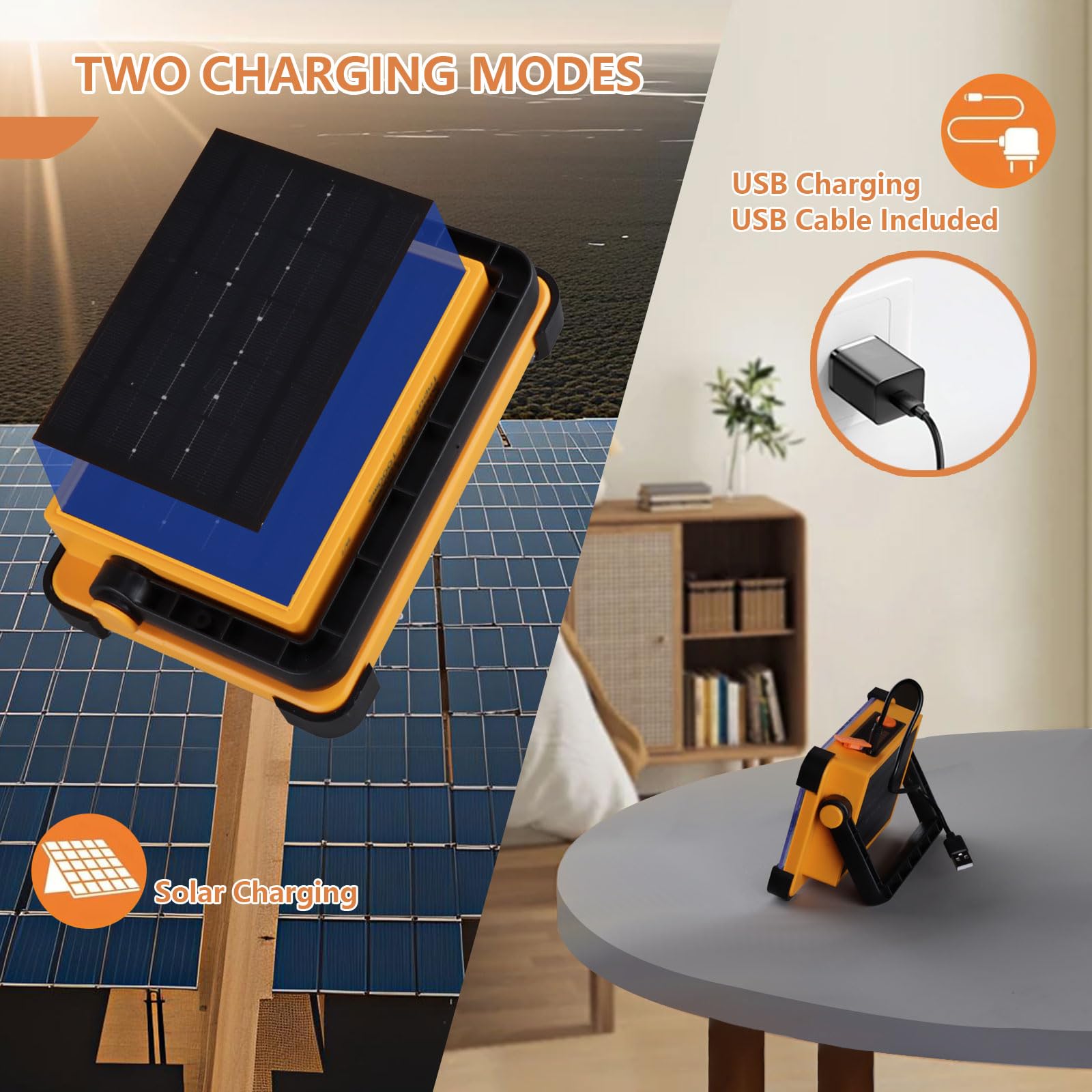 120W Solar Rechargeable Work Light, 144 Led 10000Lm Portable Flood Light With Stand, Ip66 Waterproof Power Bank 4 Modes Led Job