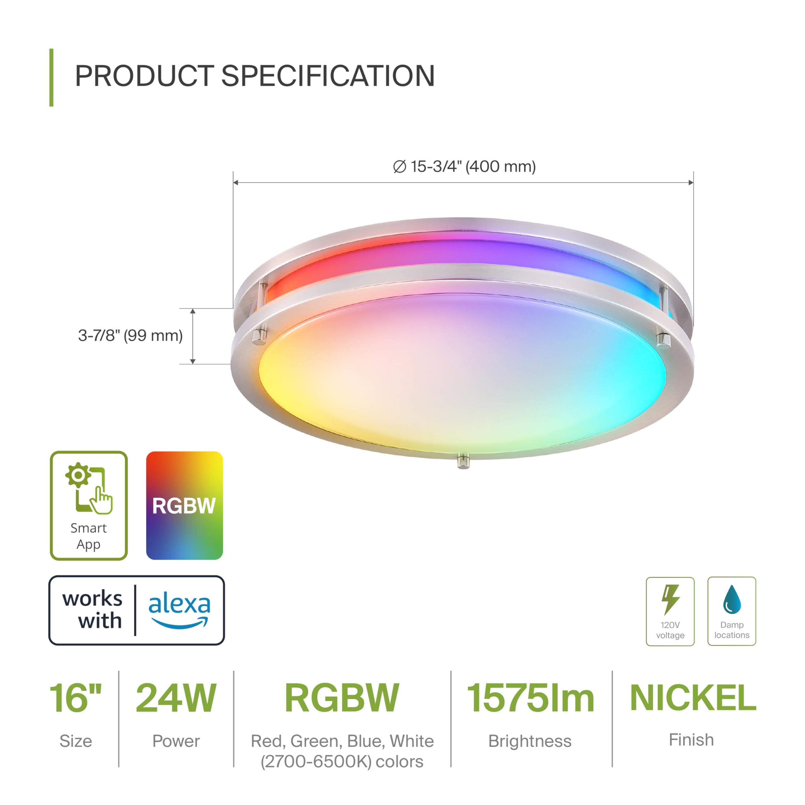 ASD 16 Inch LED Flush Mount Light Fixture, 24W RGB-2700K-6500K, Dimmable, Brushed Nickel, Model A-DR16D24S-R
