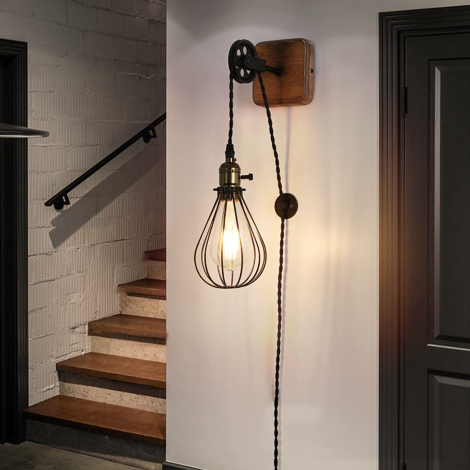 Injak Industrial Plug-In Wall Sconce, Adjustable Height Black Metal Cage Light For Home Decor