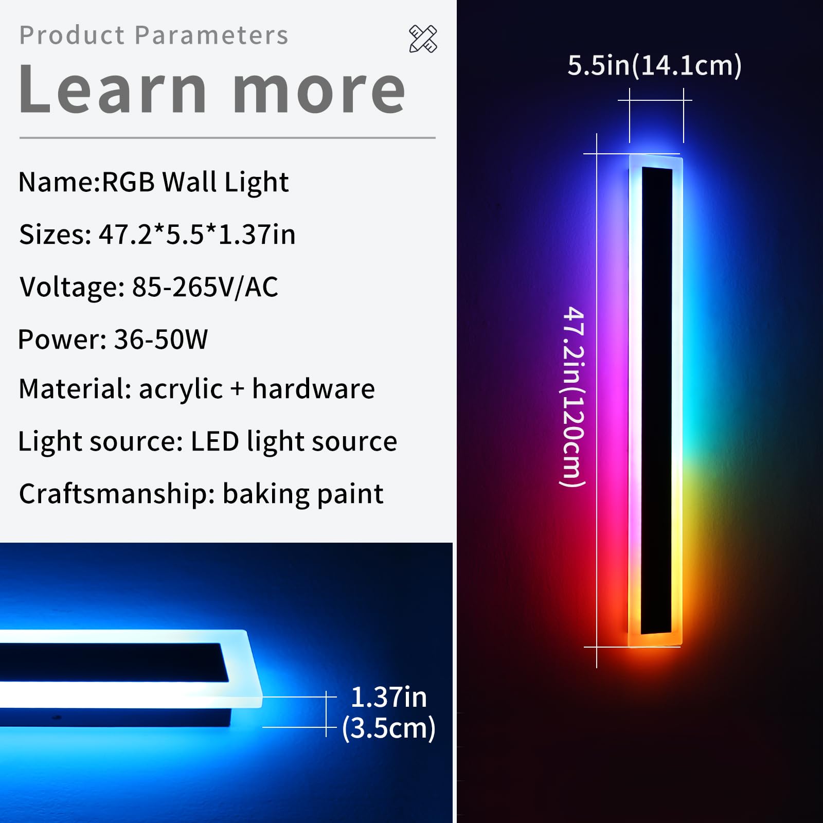 Widened 2 Pack Modern Rgb Outdoor Wall Light, 47.2Inch 10 Colors Dimmable Led Wall Mount Sconces, 41W, Ip65 Waterproof, Long Lin