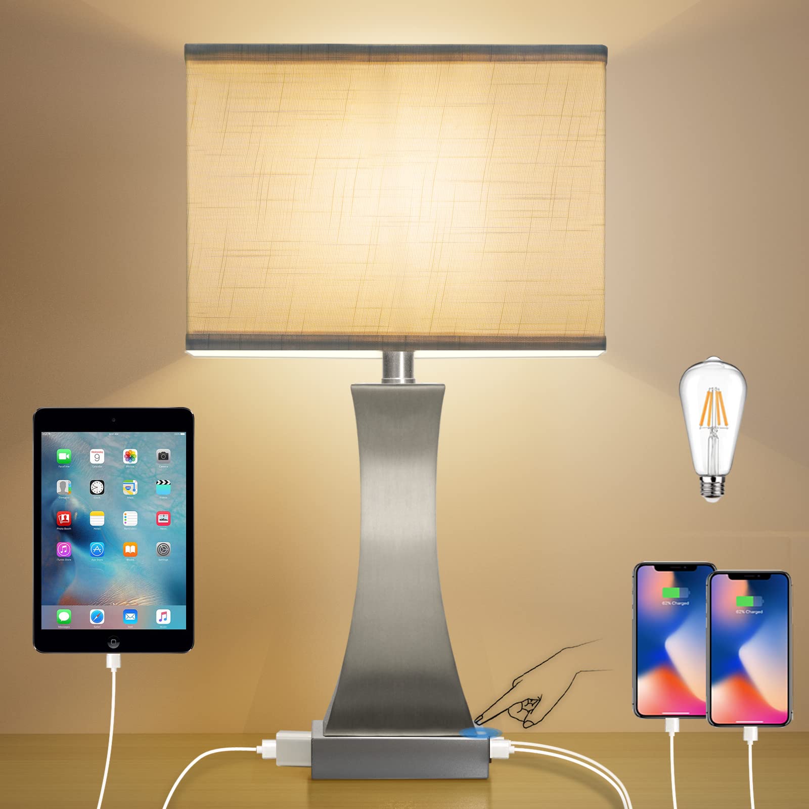OYedis Table Lamp for Bedroom 3-Way Dimmable Touch Control Bedside Lamp with USB A+C Port & Outlet Desk Lamp 21.6" Tall Nightstand Lamp for Living Room Bedroom Office and Hotel Bulb Included