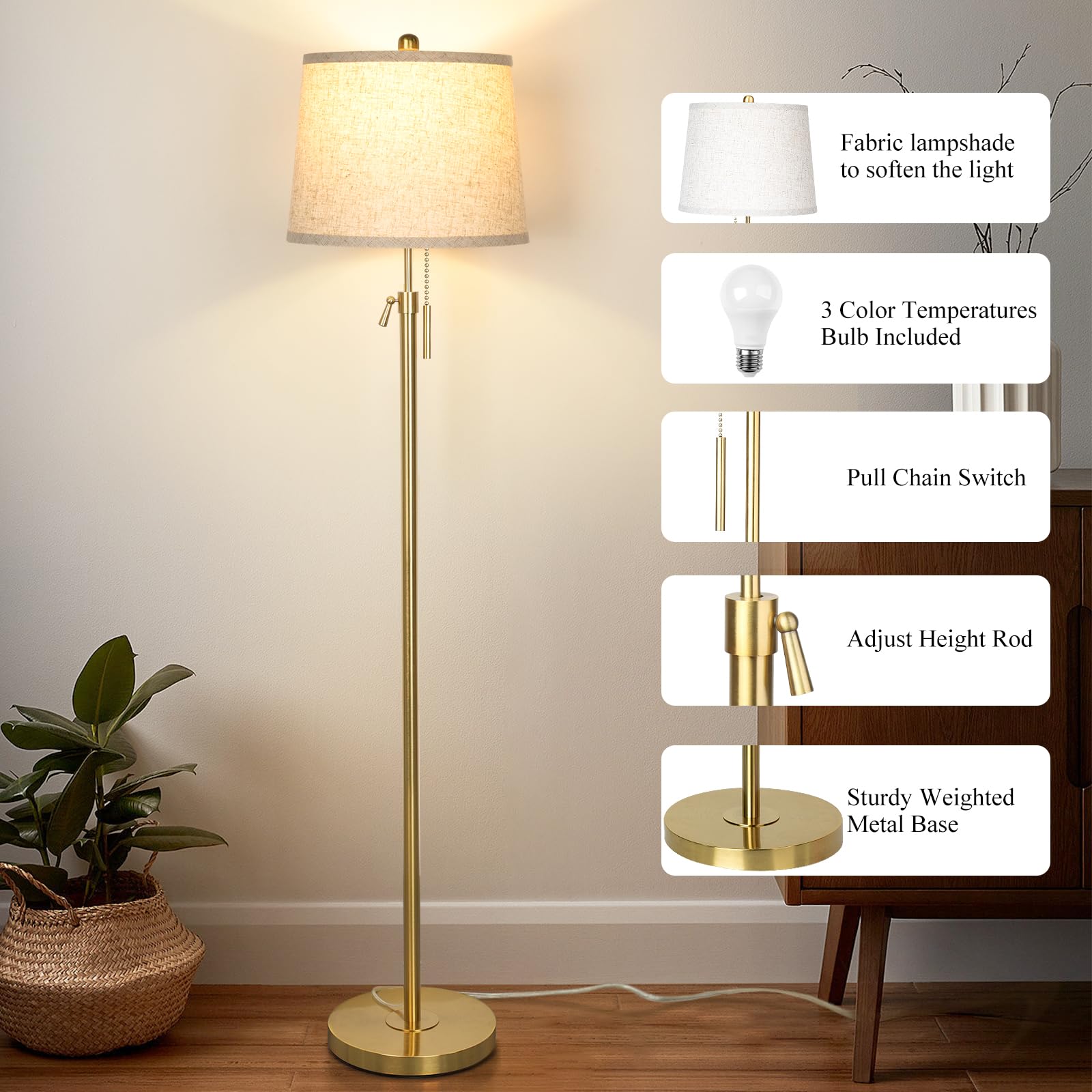 Gold Floor Lamp For Living Room 55-65'' Adjustable Modern Brass Standing Lamp With Pull Chain Tall Pole Light With Beige Shade F