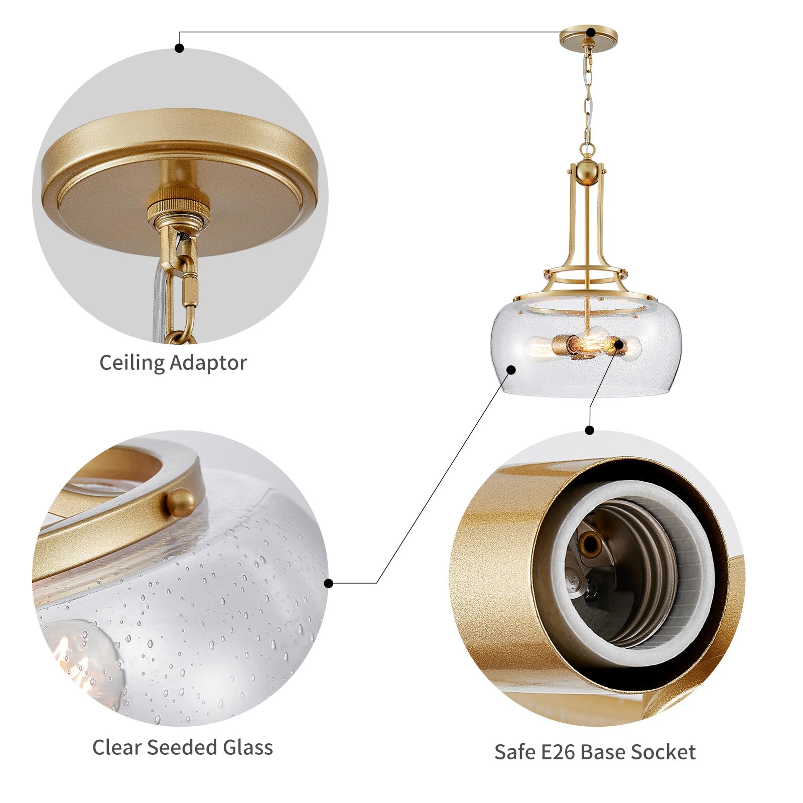 Wuzups 3-Light Gold Pendant Chandelier - Rustic Farmhouse Led Light Fixture With Glass Shade