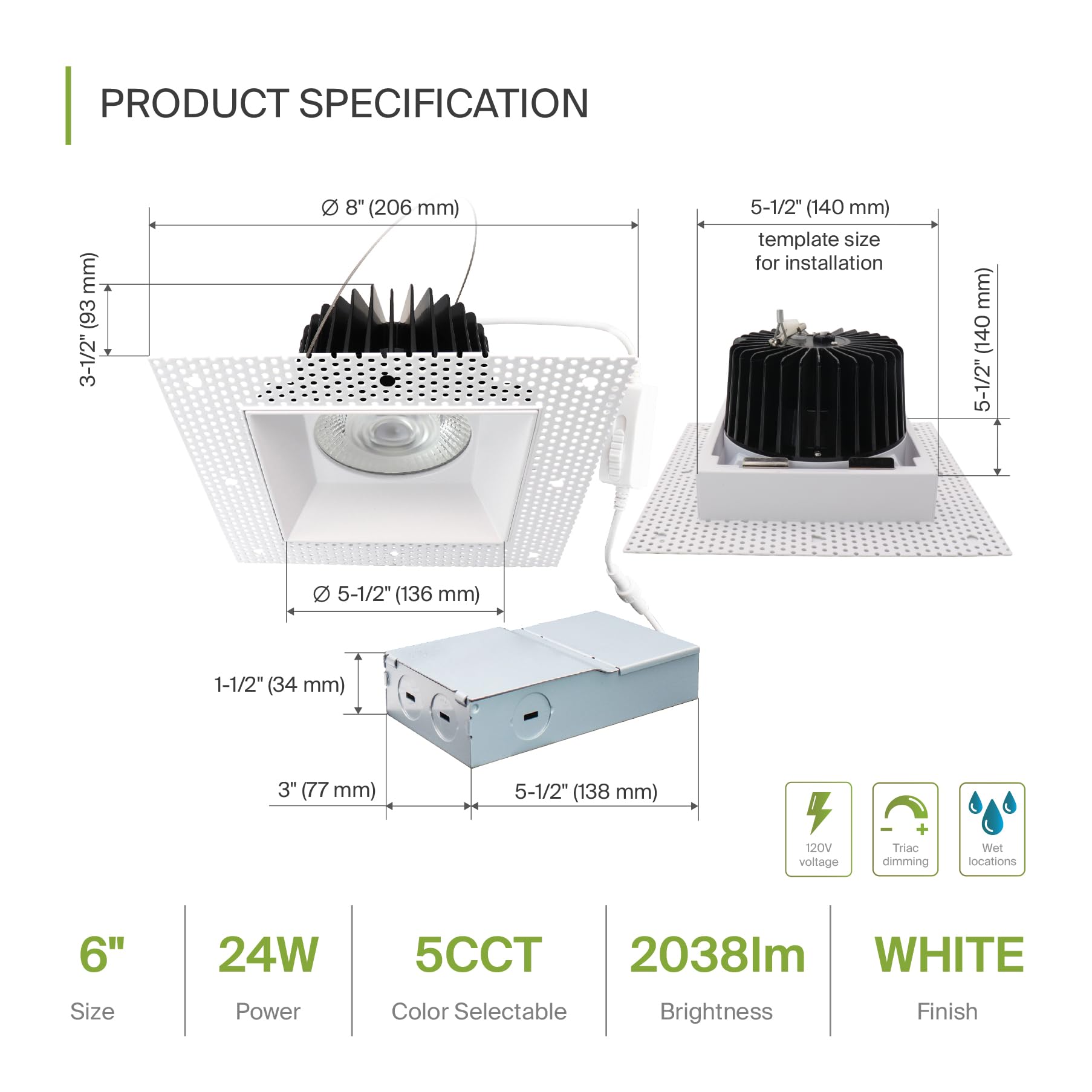 ASD LED Recessed Lighting Downlight, 6in 24W, Square, Dimmable, 5 CCT 2700K-5000K, CRI 90+,