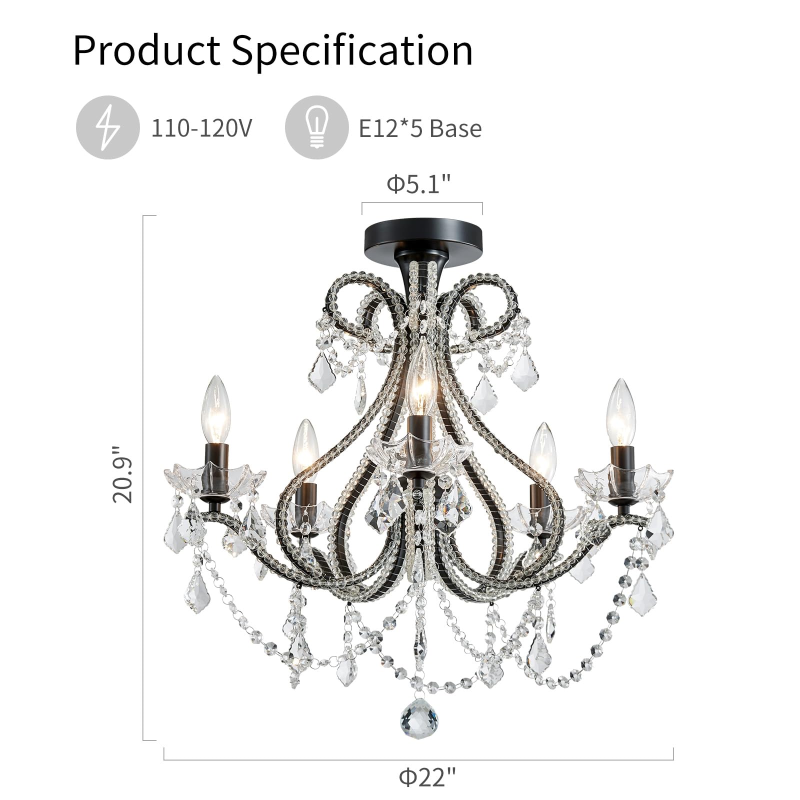 WUZUPS 5-Light Crystal Candle Chandelier Flushmount Ceiling Light, 20.9inH x 22inW, Black, Metal, Model USHD-5511506BK