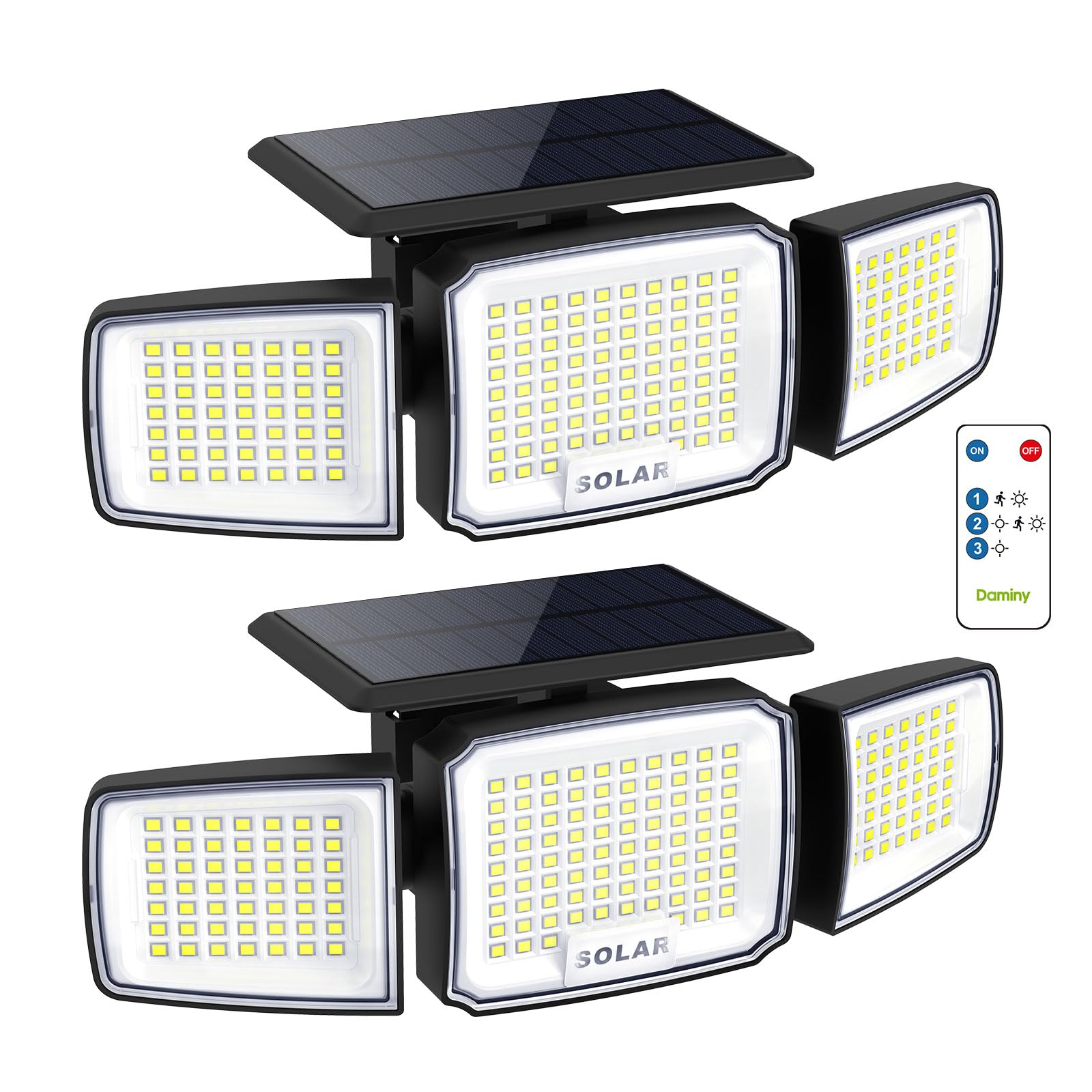 DAMINY Solar Security Light with Motion Sensor Super Bright LED Solar-Motion Lights Outdoor Waterproof Easy Install 3 Heads 270Wide Angle Flood Light with 3 Lighting Modes-2 Pack
