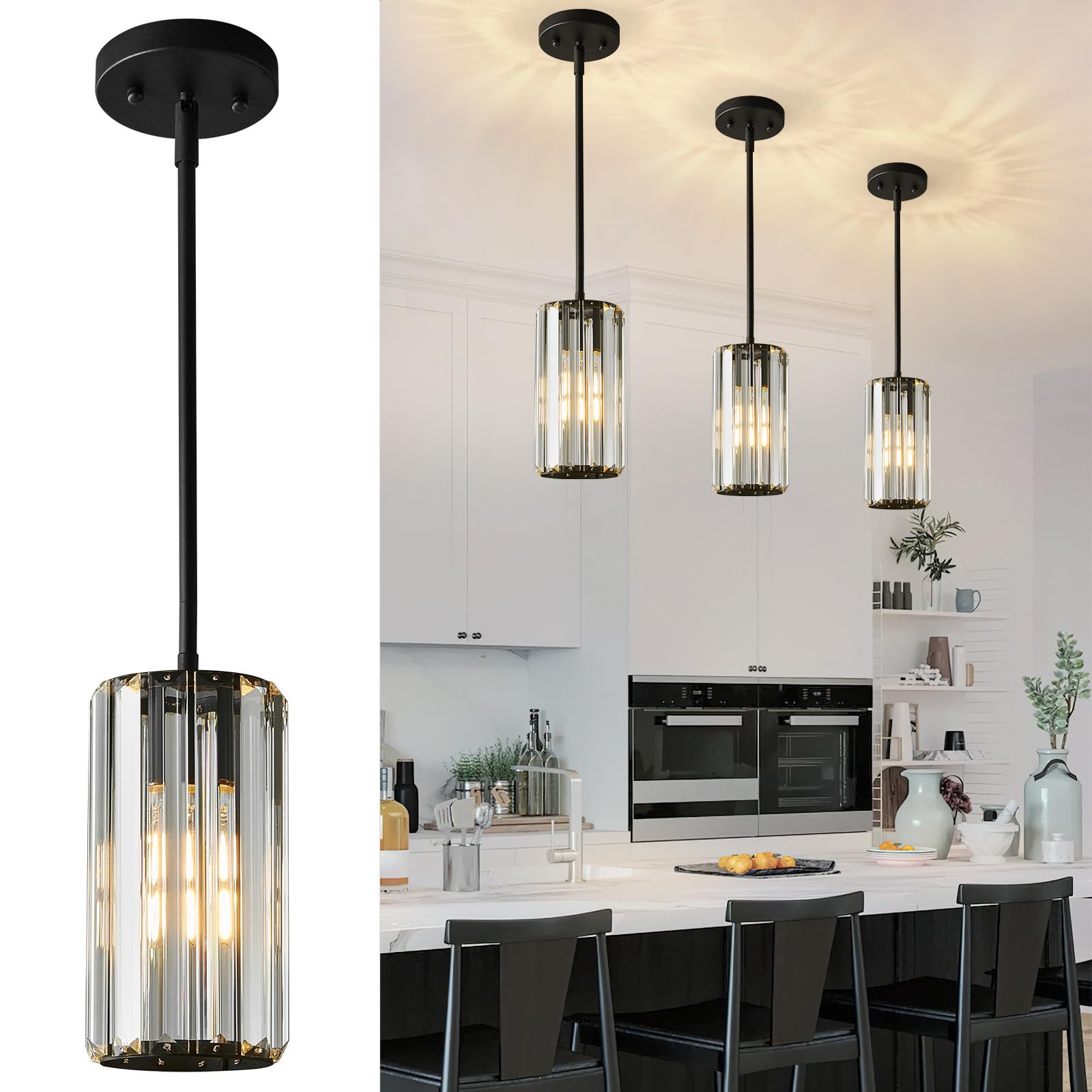 Zhllmq Black Pendant Lighting Modern Pendant Light Mini Crystal Chandeliers Adjustable Pendant Light Fixture For Kitchen Island Dinning Room Corridor Bedroom(Black 3-Pack)