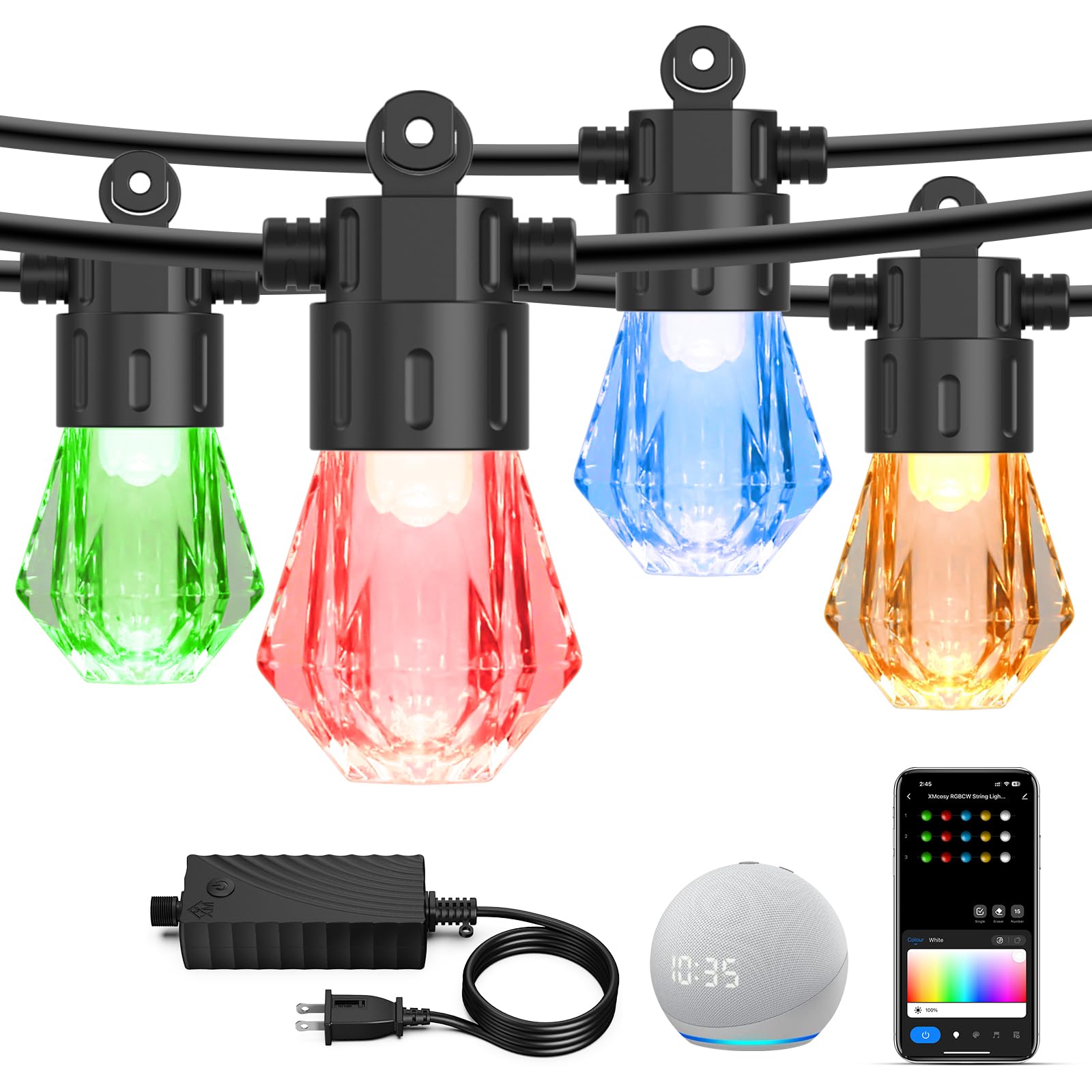 XMCOSY+ 48FT Smart Outdoor String Lights - RGBCWIC Dimmable Acrylic Bulbs, Color Changing LED Patio Light APP WiFi Control, Work