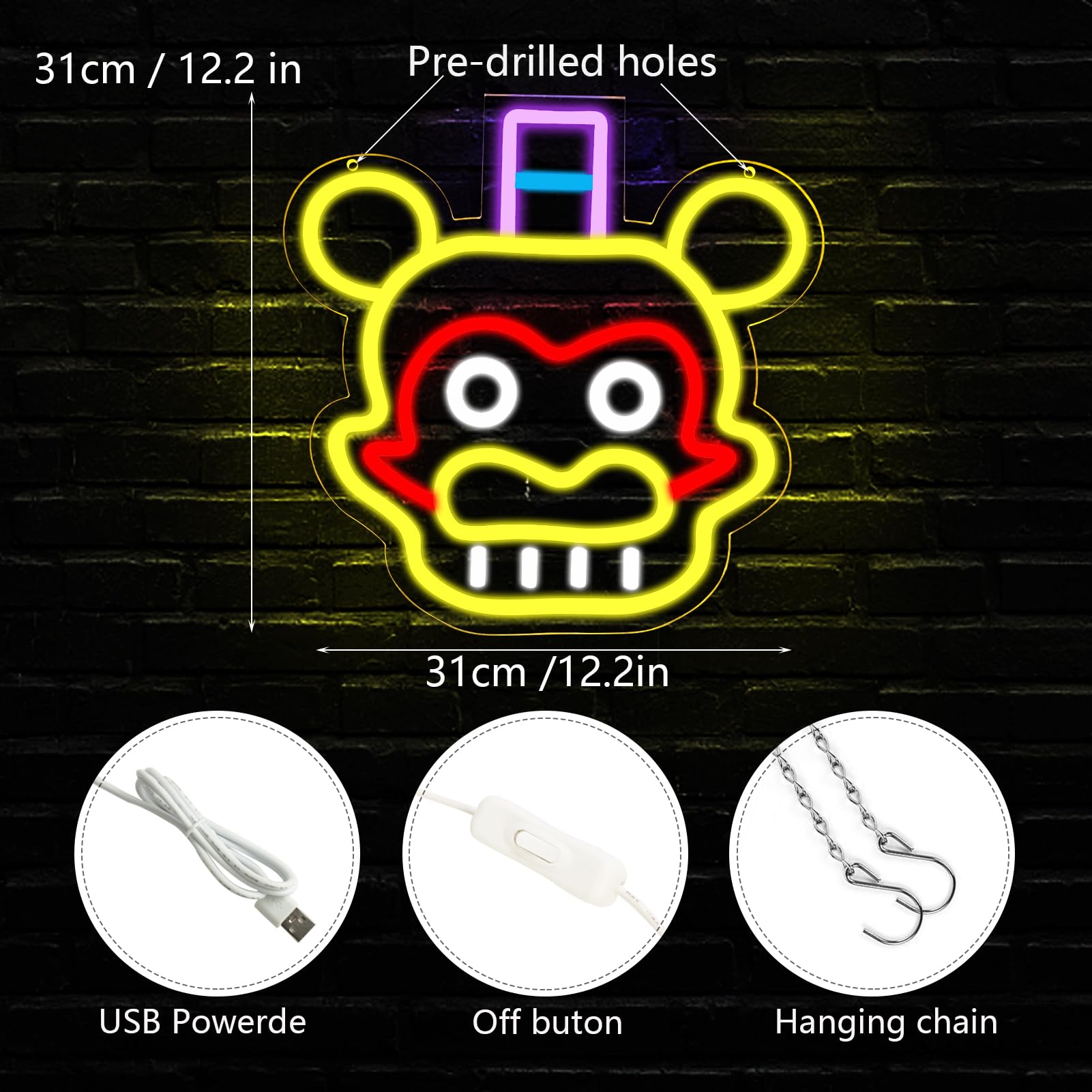 AHlove Neon Sign - Five Nights at Freddys Glamrock Freddy, LED Wall Decor, 12.2 x 12 inches, Acrylic, Neon Colors