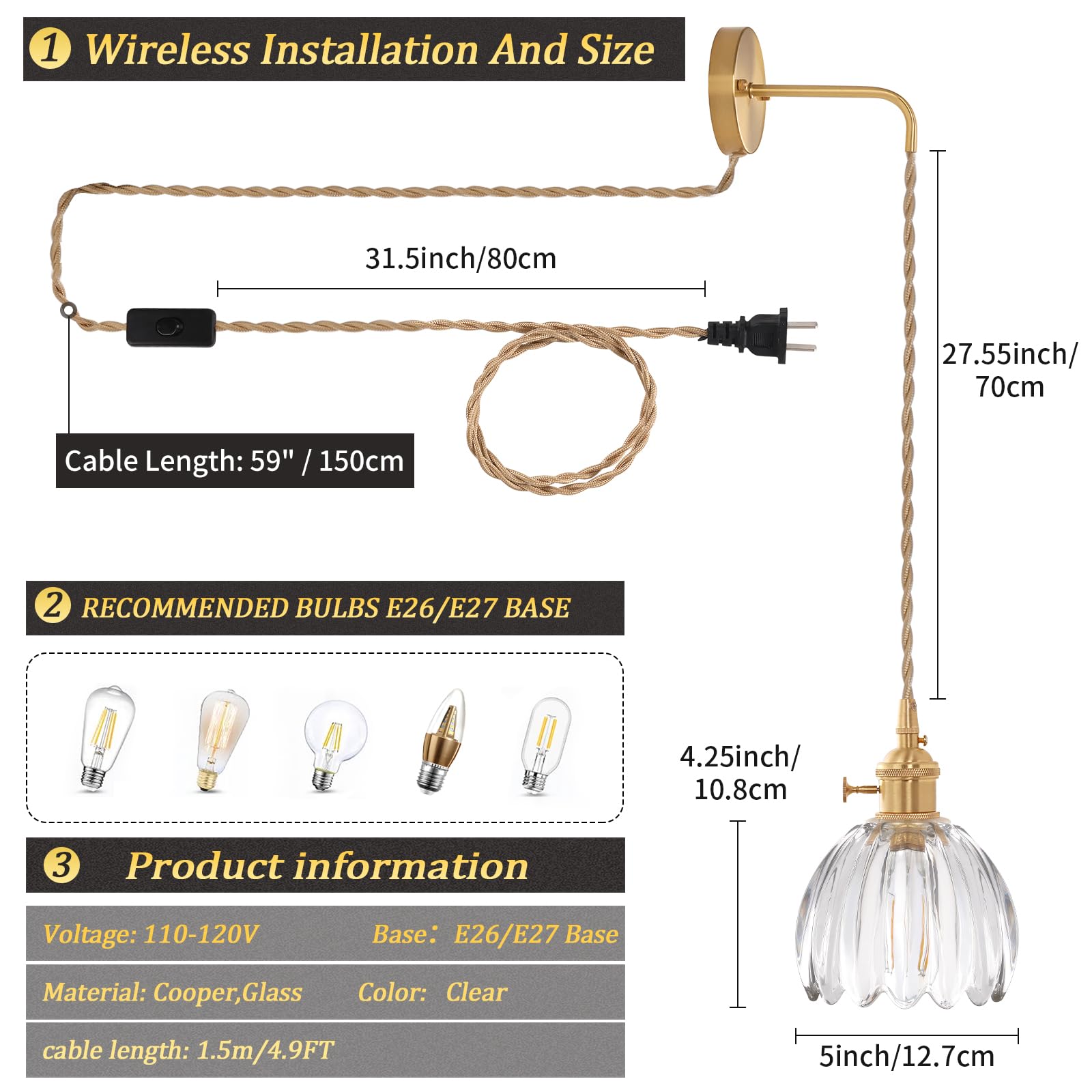 Shenmoyl Vintage Wall Sconce Lamp, Clear Tulip Glass Shade, Plug-in (1 Pack), Brass, Model 1-9390
