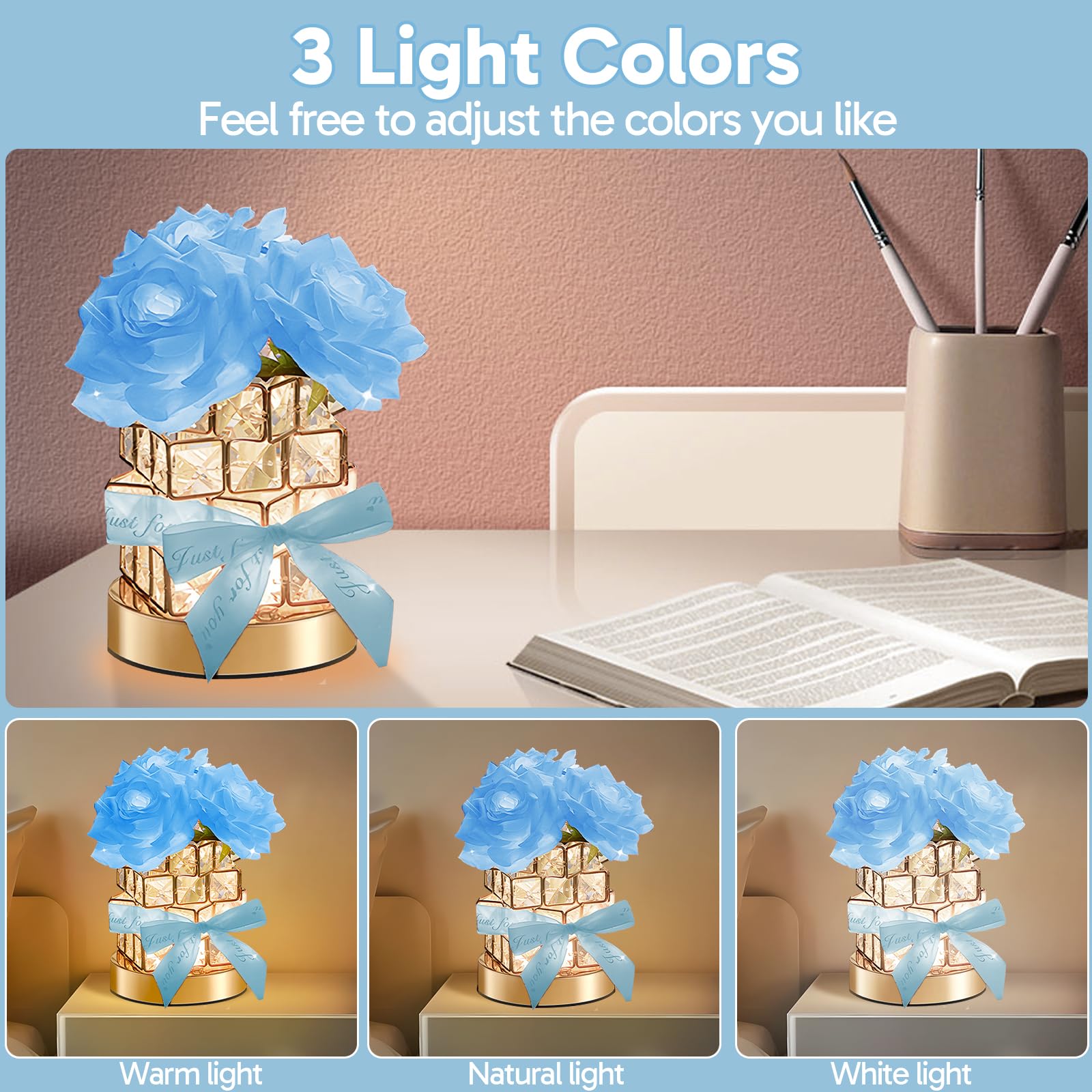 Onxe Romantic Rose Gifts For Girlfriend Wife Her Rechargeable Cordless Touch Crystal Table Lamp 3-Colour Infinitely Dimming Small Night Light ValentineS Day Anniversary Birthday Wedding Decor