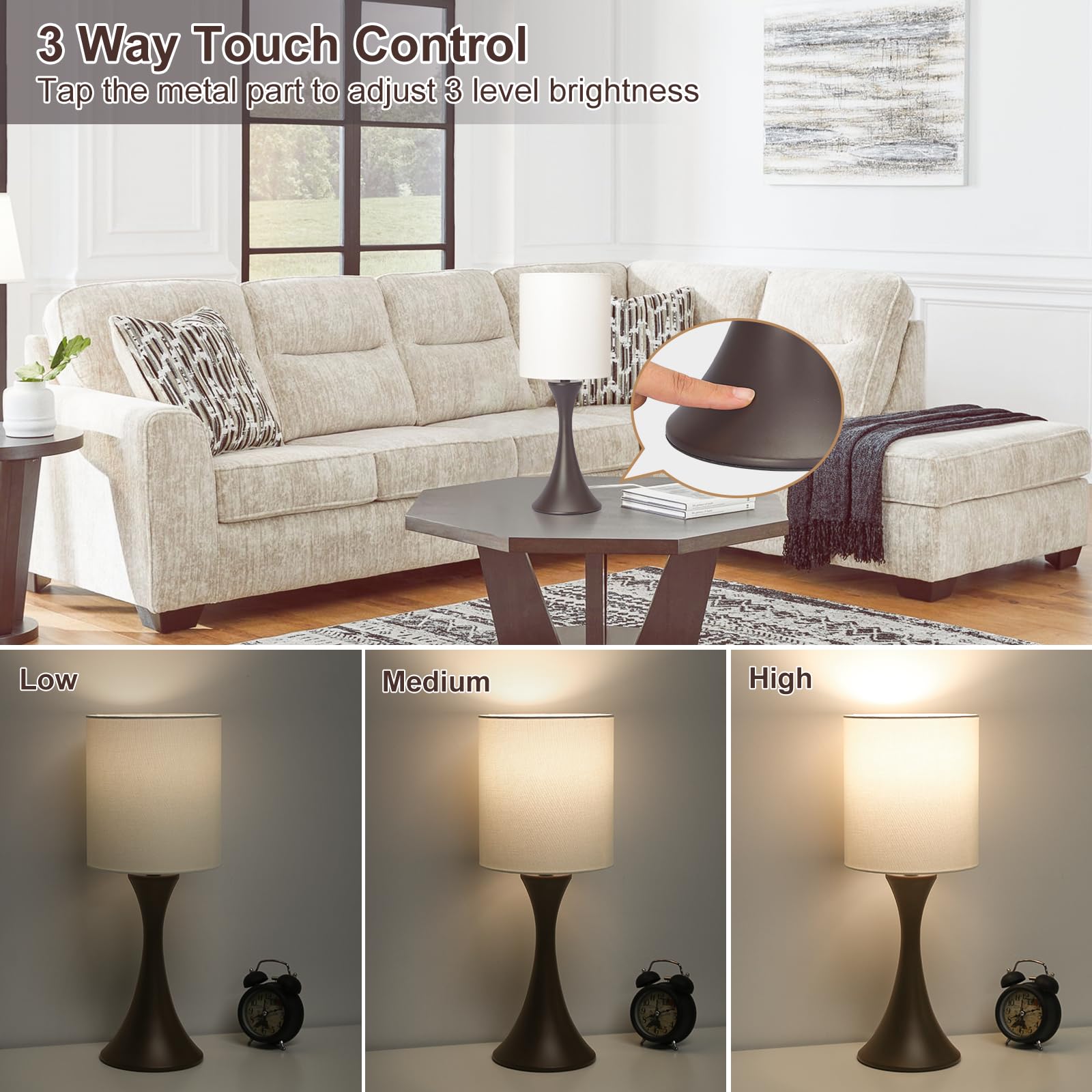 3 Way Touch Control Table Lamp, Modern Bedside Lamp Dimmable Nightstand Lamp With Beige Shade And Dark Brown Base, Small Desk La