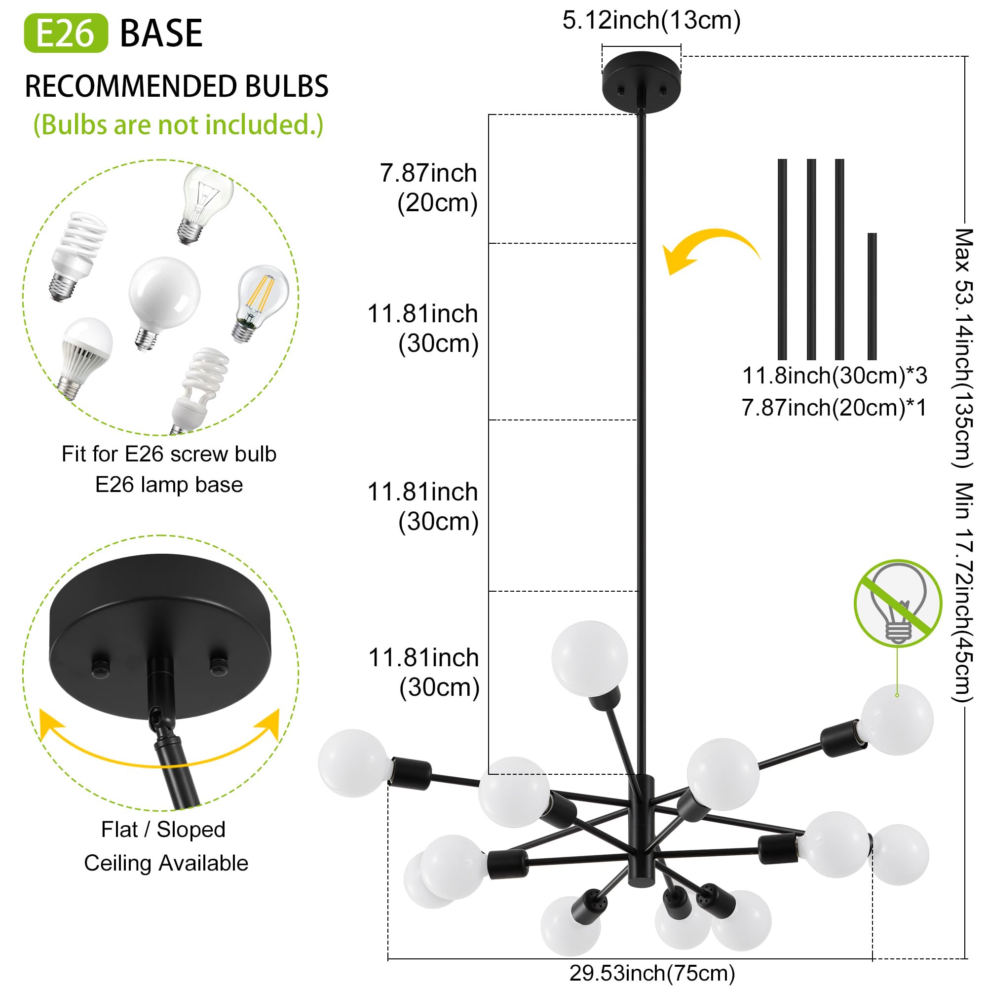 Deyidn Sputnik Chandelier, 12-Light Metal Ceiling Fixture, Black Modern Design for Living Room, Kitchen, Bedroom, Dining Room