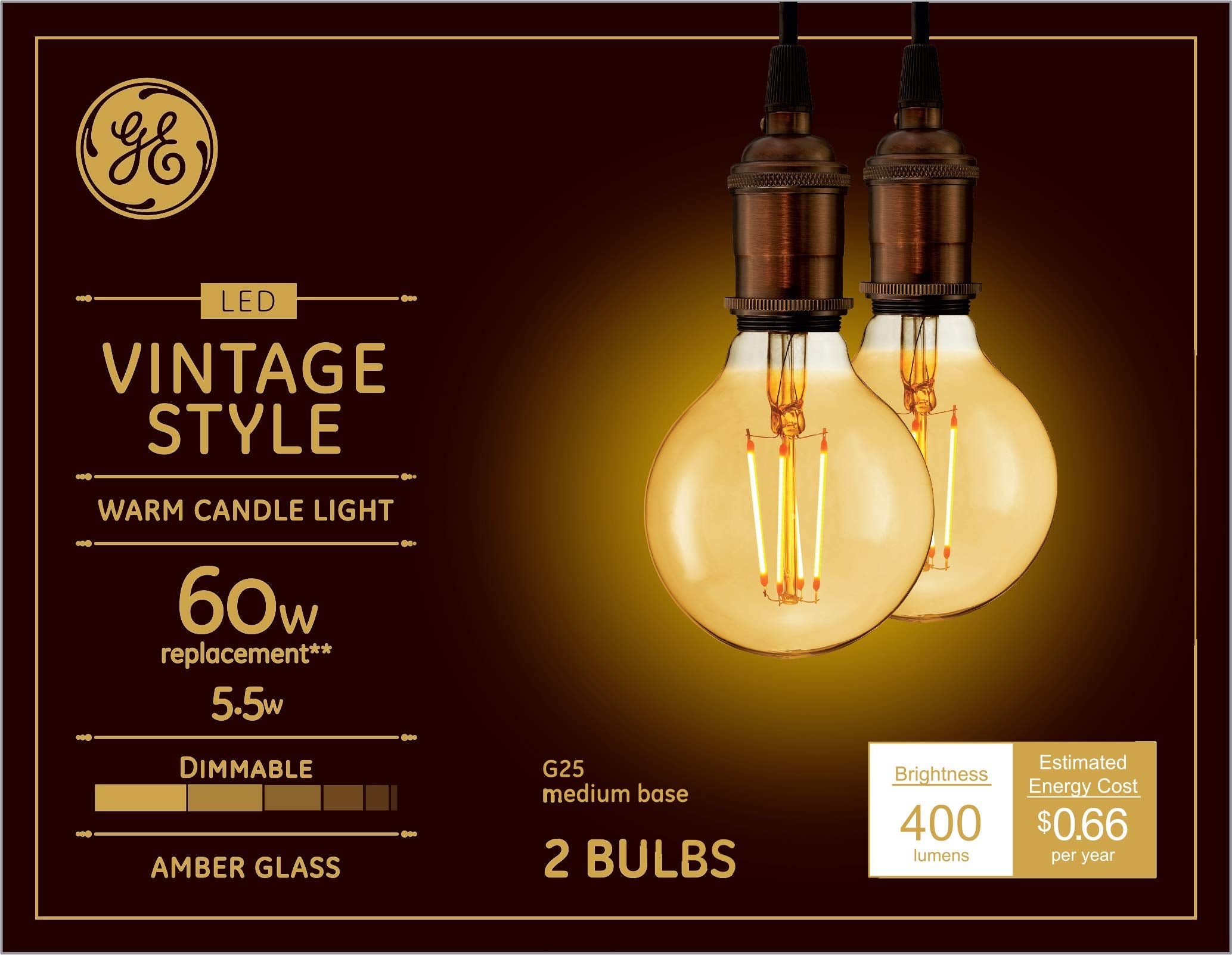 GE Lighting Vintage Style LED Globe Light Bulbs, 5.5 Watts (60 Watt Equivalent) Warm Candle Light, Amber Glass, Medium Base, Dim