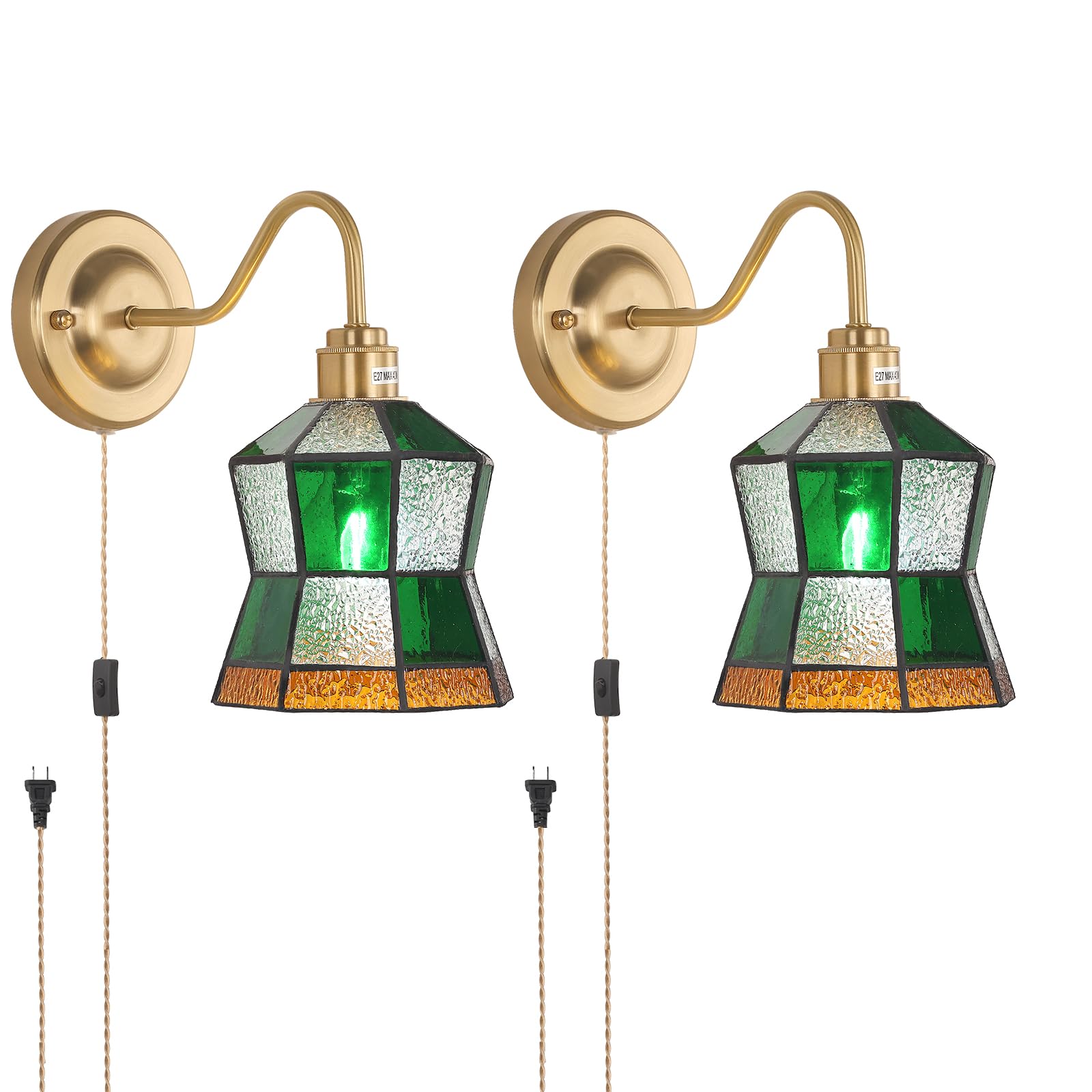 Shenmoyl Plug In Wall Sconces Set Of 2, Vintage Wall Lamps With Polygonal Checker Stained Glass Shade, Brass Lights Fixture Decor For Bedroom Bathroom Living Room Hallway