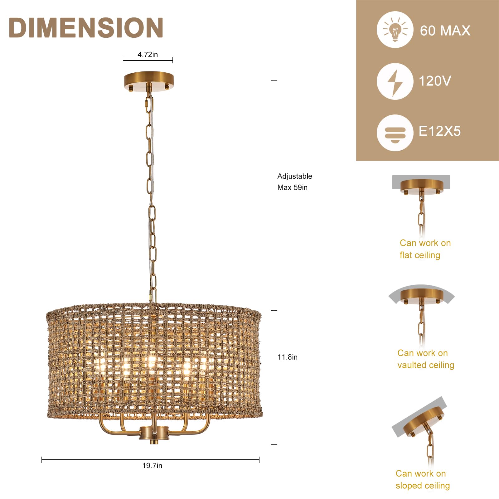 YOMECOO Hand-Woven Rattan Chandelier, 5-Lights Drum Design, Vintage Gold, MD206-Golden, Perfect for Dining Room & Kitchen Island
