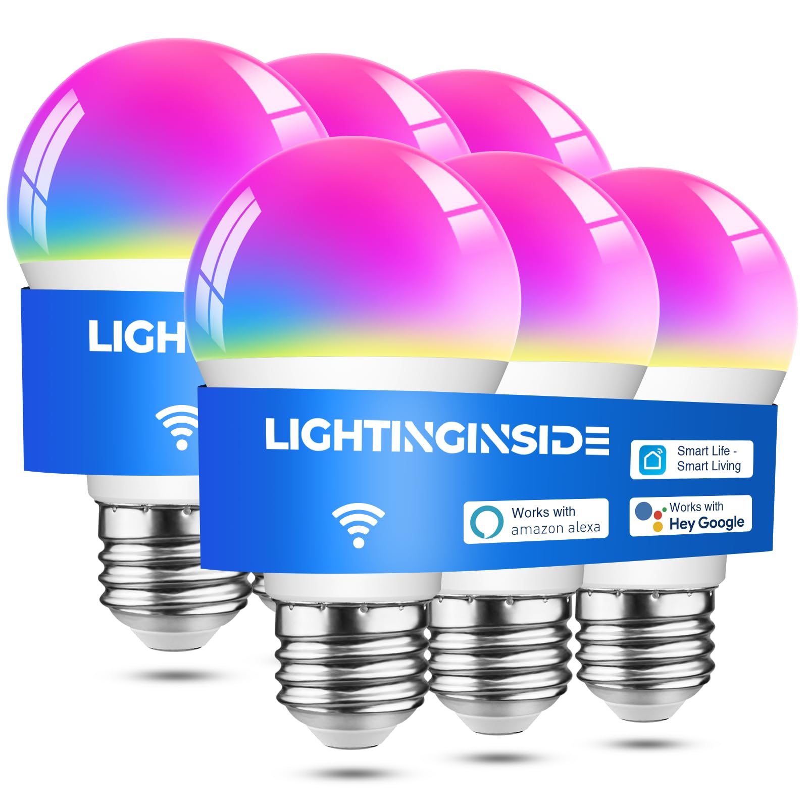 Lightinginside Smart Light Bulbs 60W Equivalent, WiFi Smart Bulb Compatible with Alexa/Google Assistant/Smart Life, A19 E26 RGBCW Color Changing, No Hub Required,2.4G WiFi, ETL Listed, 9W 800LM, 6PCS