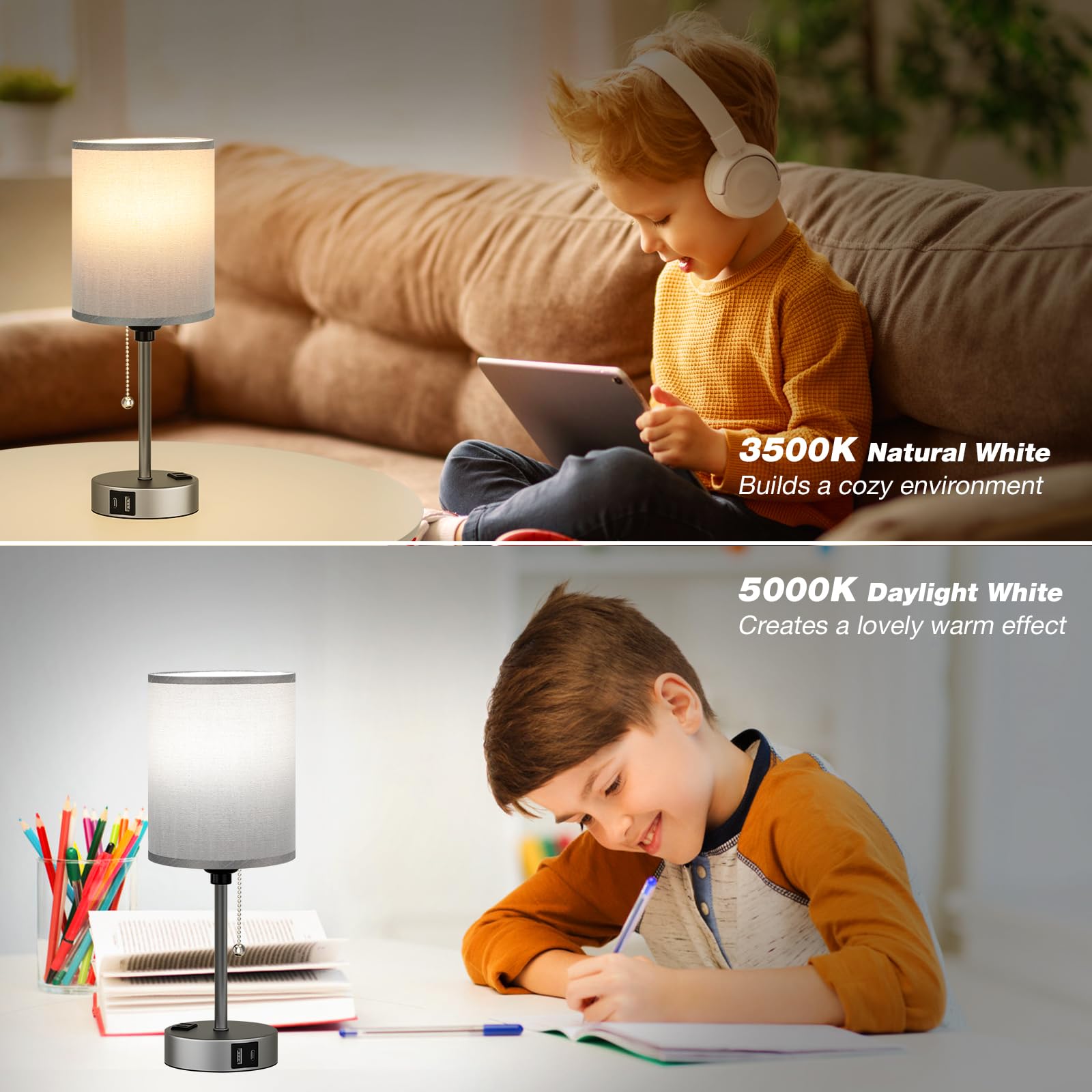 Dicoool Small Grey Bedside Table Lamp For Bedroom - 3 Color Temperatures Bedside Lamps With Usb C And A Ports, Pull Chain Table