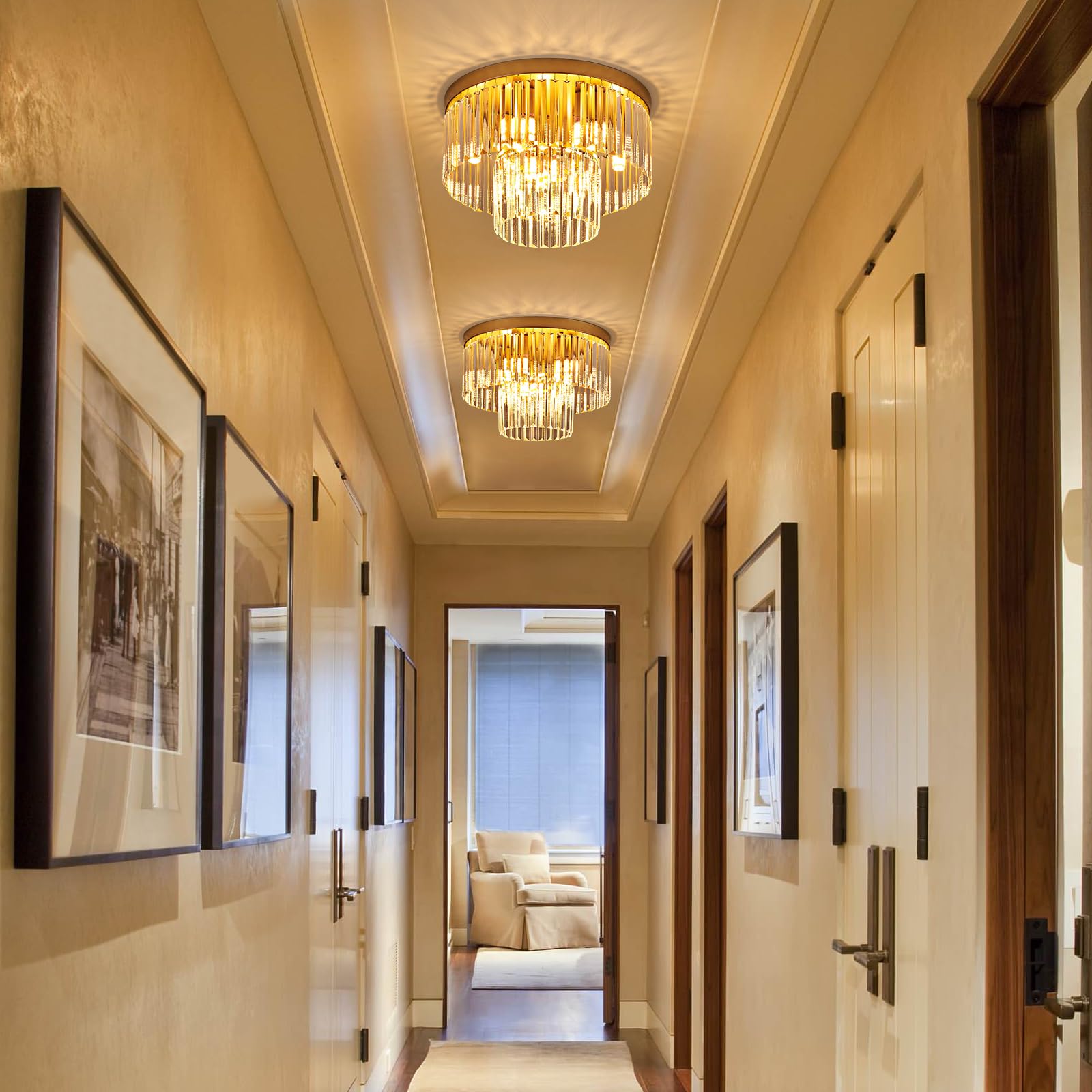 Faibra 17" Gold Crystal Ceiling Light - Modern 9-Light K9 Fixture for Dining Room, Kitchen, Living Room, Bedroom