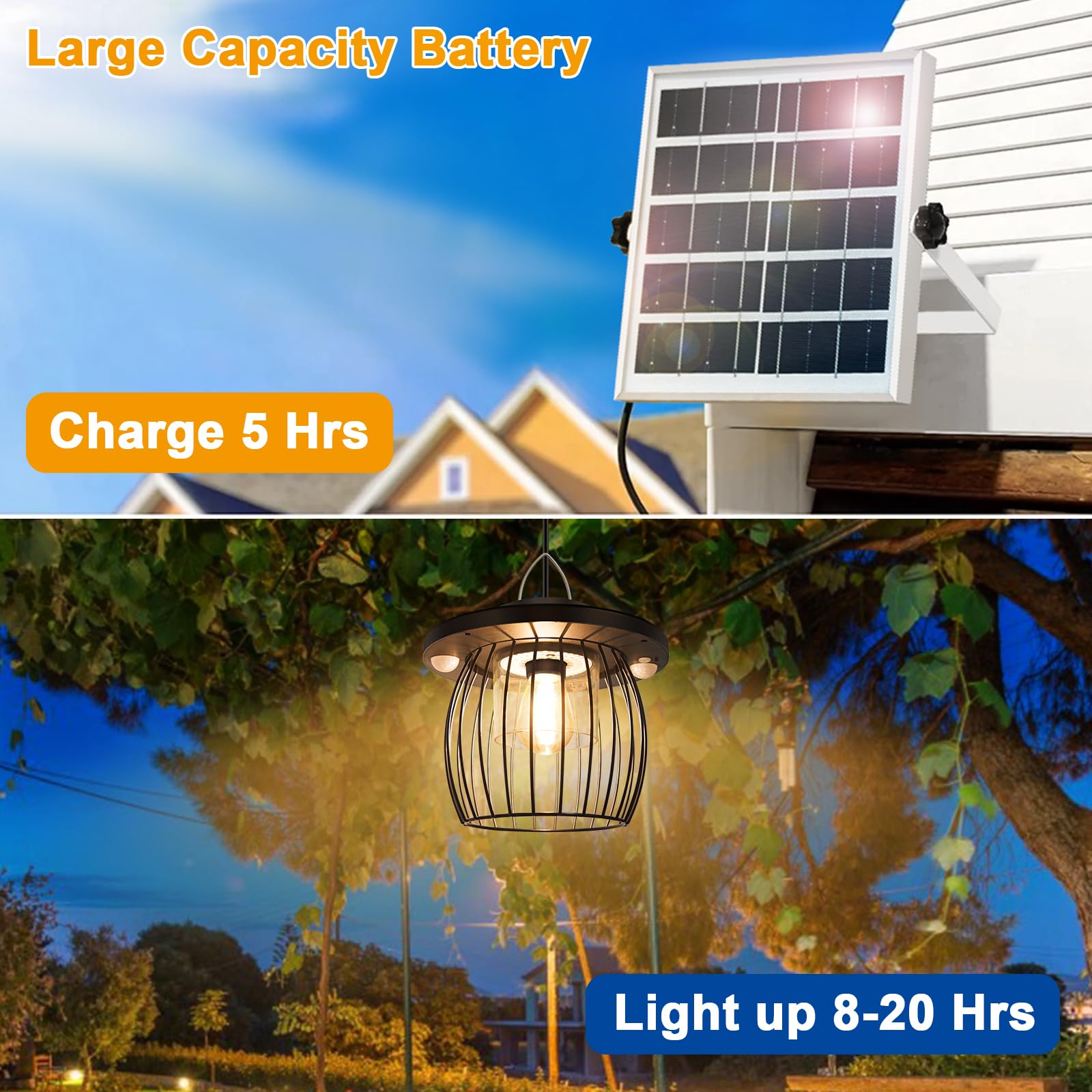 Solar Shed Lights with 2 Motion Sensors, Classic Metal Solar Chandelier Outdoor with 5 Lighting Modes, Waterproof Pendant Lamp w