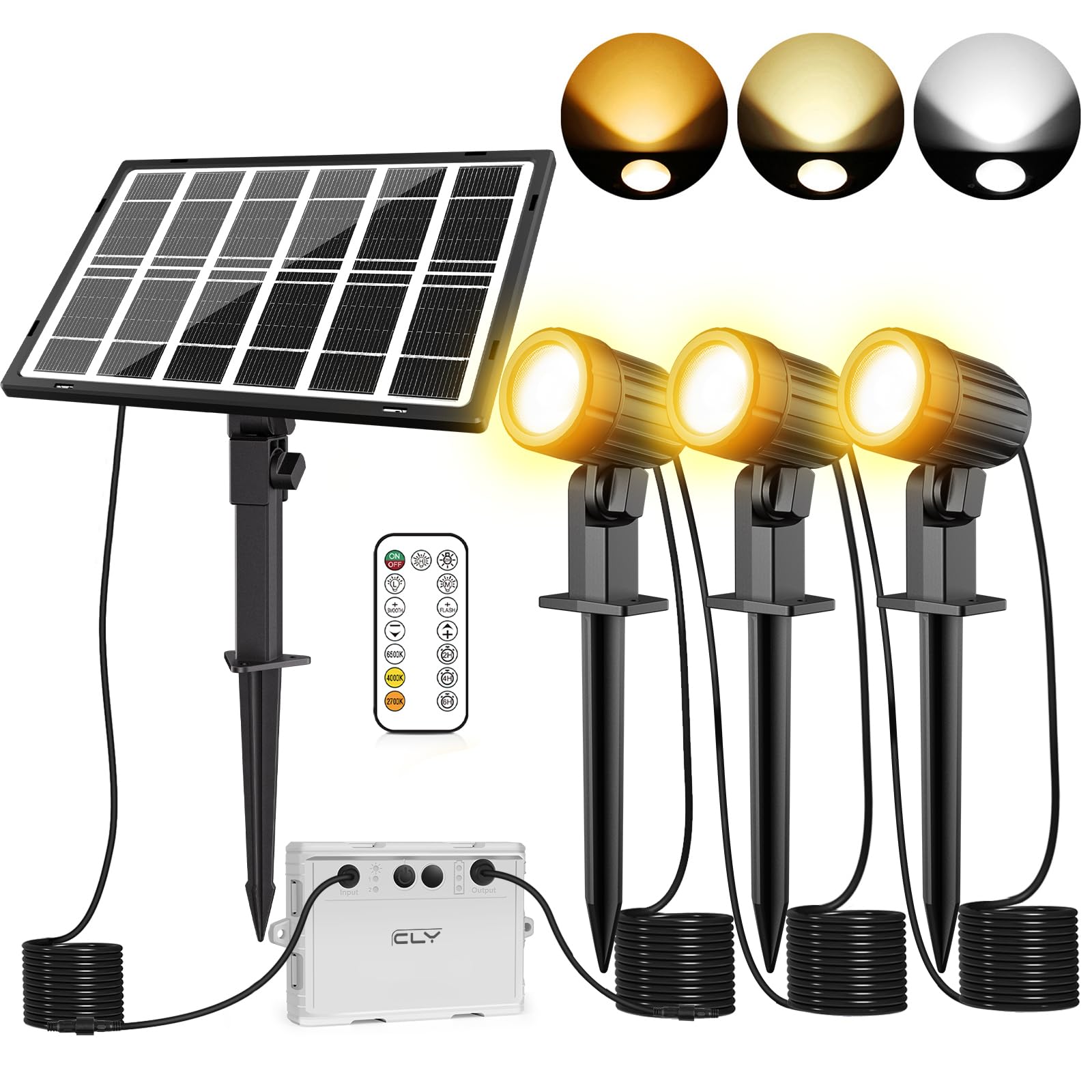 CLY Solar Landscape Spotlights, IP66 Waterproof, Remote Control, 3 Brightness Levels, 2700-6500K, 3-IN-1, Warm/Natural/Cold White