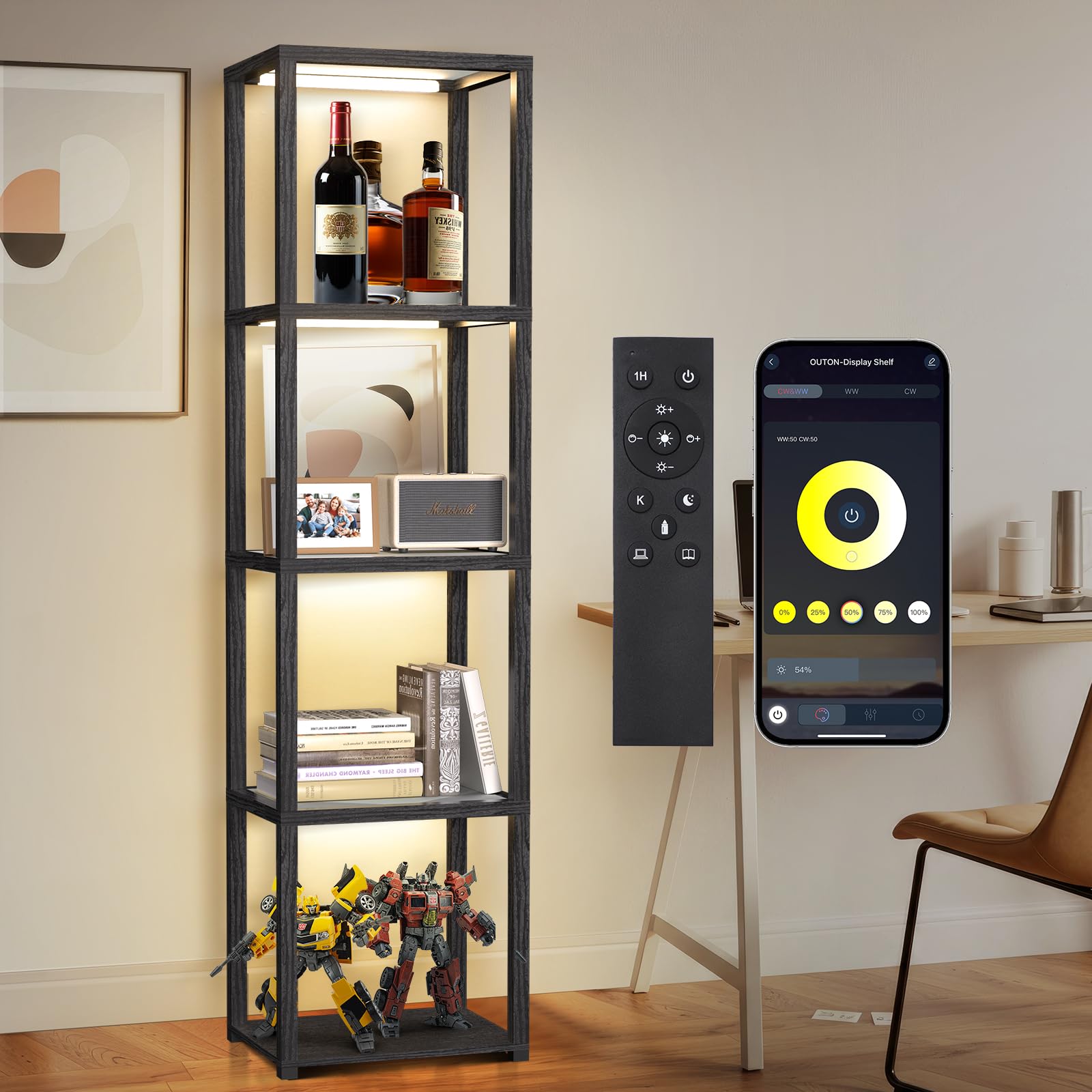 Outon 67 '' Glass Display Shelf With Dimmable Led Floor Lamp, Collectibles Display Cabinet With Remote & App Control, 5 Tier Ope