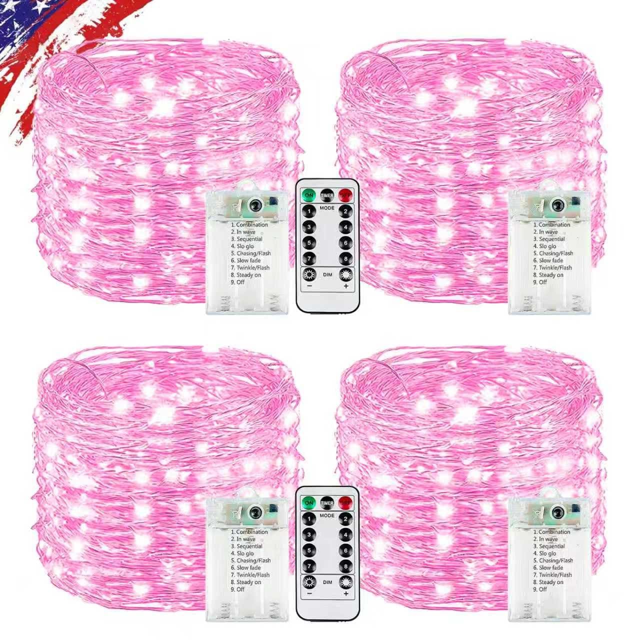 KAQ 4Pack Fairy Lights 240LED Battery Operated with Remote & Timer, Pink, Waterproof for Indoor Outdoor Use