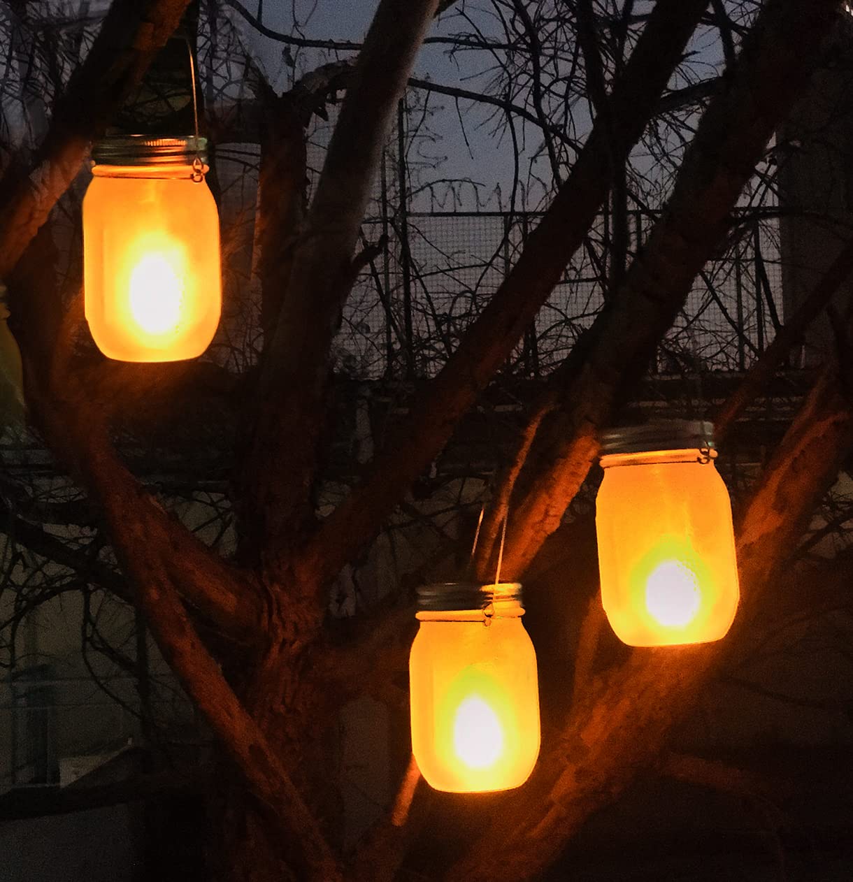 Aubasic Solar Mason Jar Flicker Lights, 4 Pack Metal Hanging Lanterns, Dusk to Dawn Auto On/Off, Outdoor Torch Decoration
