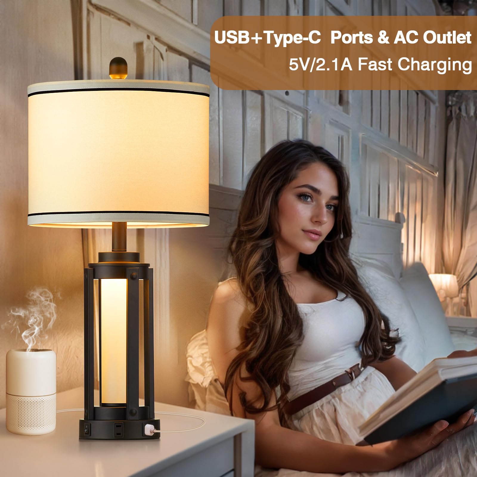 Modern Table Lamps For Living Room, Industrial Beside Lamps With Usb A+C Charging Ports & Ac Outlet, Rustic Nightstand Lamp With Glass Night Light For Bedroom End Table Entryway Black(4 Bulb Included)