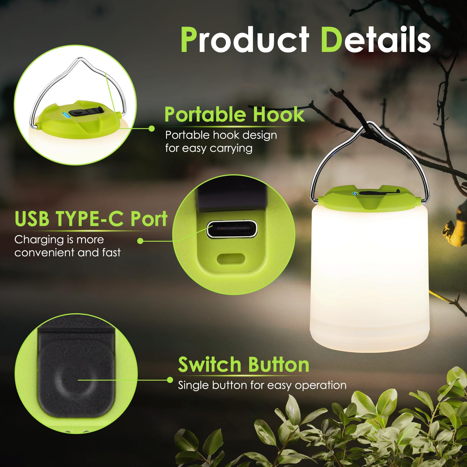 BOBKID LED Camping Lantern, Rechargeable 1000LM Light, Water Resistant, Model XQ-Y11, Green