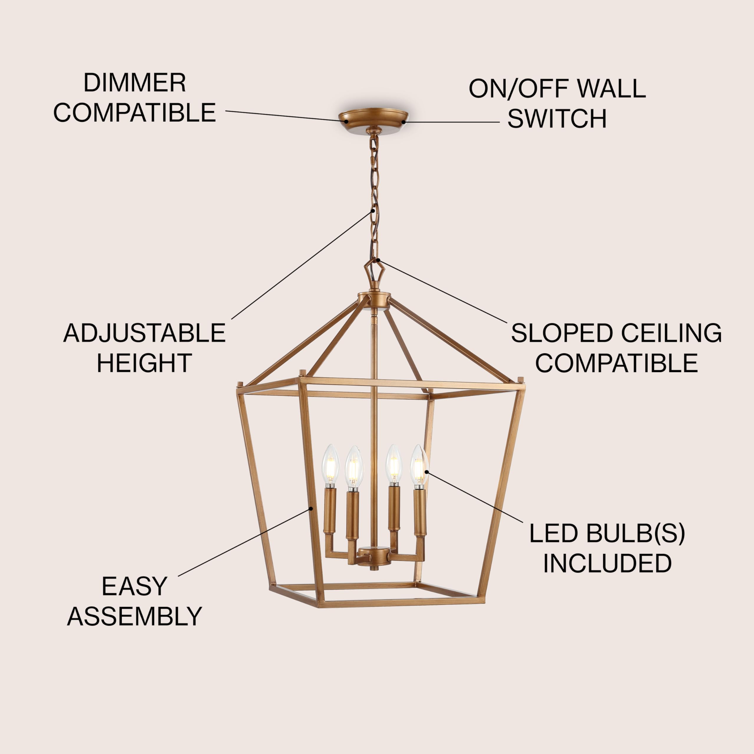 JONATHAN Y 16 Antique Gold Dimmable Metal LED Pendant - Classic Farmhouse Lantern for Dining Room, Living Room, Kitchen, Foyer, Bedroom