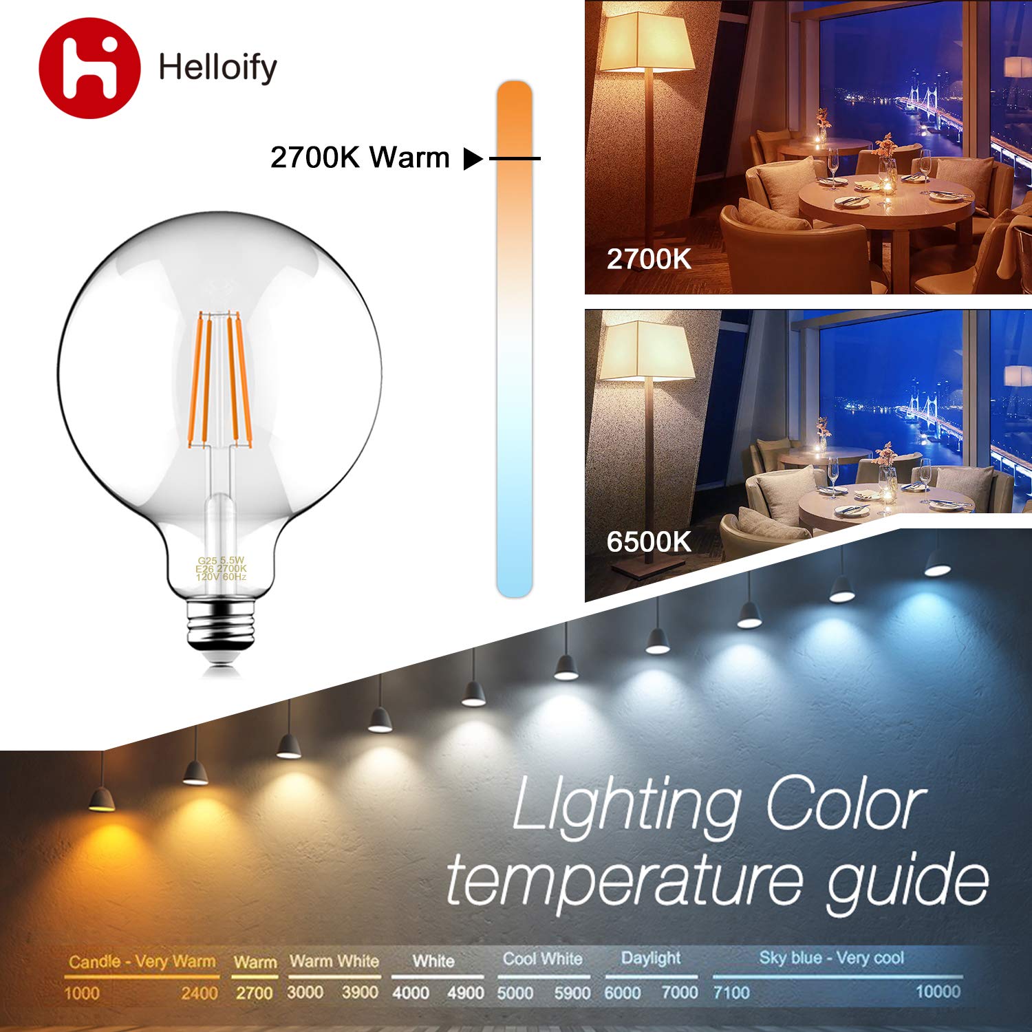 Helloify Vintage LED Edison Bulbs, 60W Equivalent, Dimmable, 500 Lumens, Clear Glass, G25, Soft White 2700K, Pack of 4
