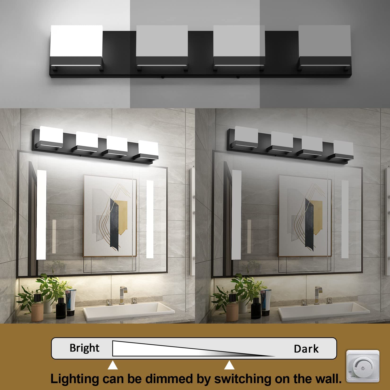 Tipace Dimmable LED Vanity Light, 4 Lights, Matte Black, Modern Bathroom Wall Fixture, Model 1103, Up and Down Design, 6000K White Light