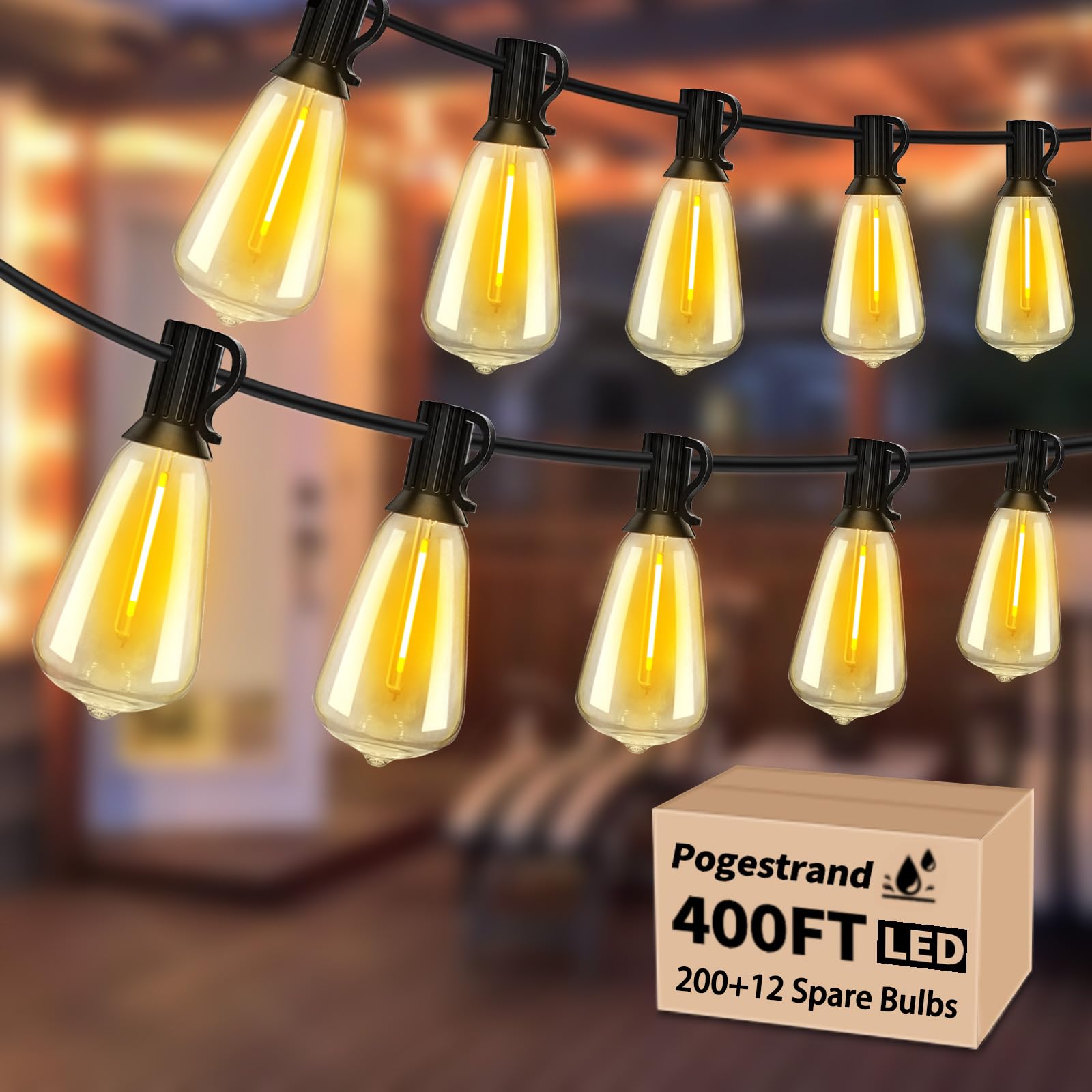 LED Outdoor String Lights 400ft Shatterproof Patio Lights with 212 Waterproof ST38 Vintage Bulbs(12 Spare), Dimmable Outside Han