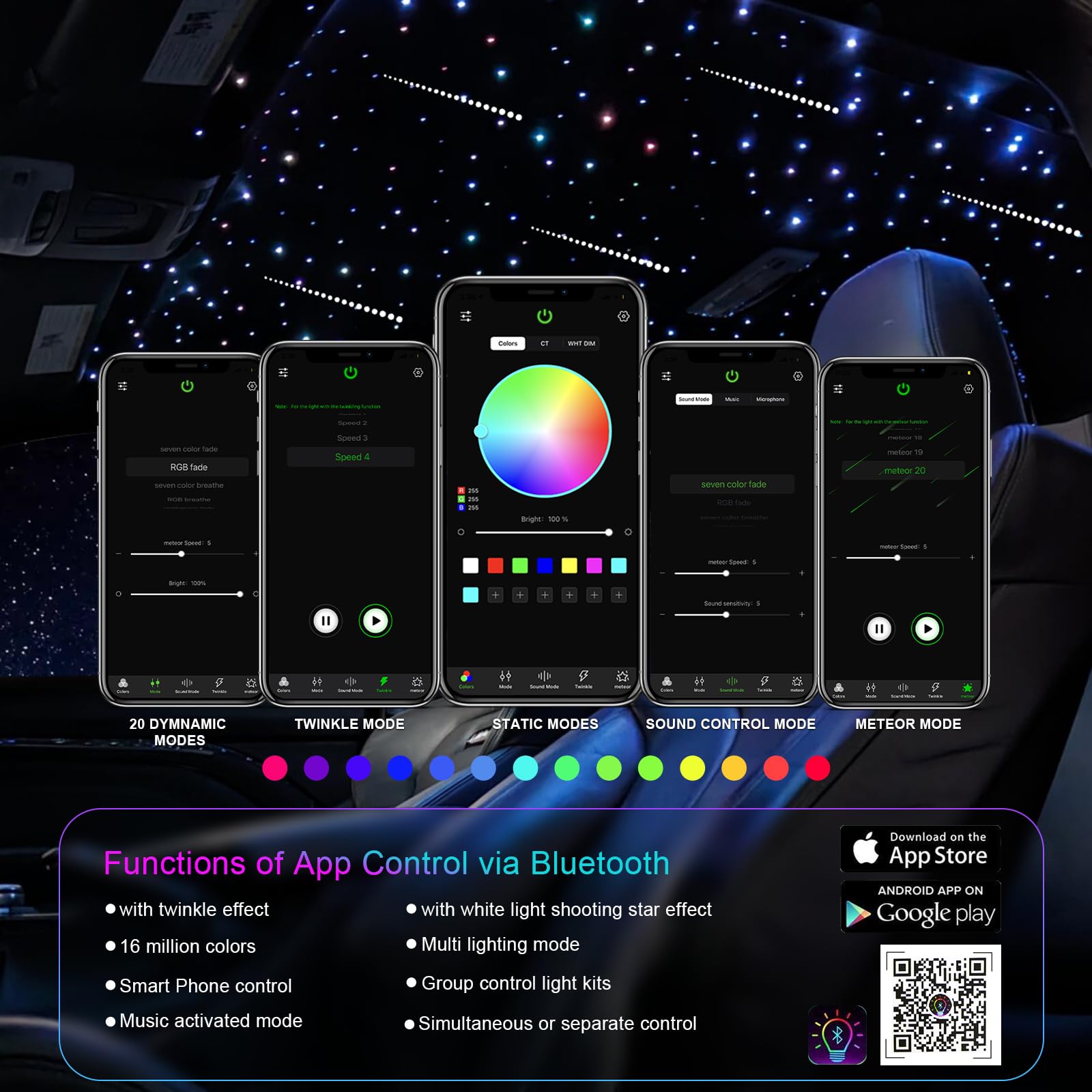 6W Small Size Fiber Optic Starlight Headliner Kit, 350pcs*0.03in*9.8ft, Shooting Stars + Twinkle + Sound-Activated APP& Remote C