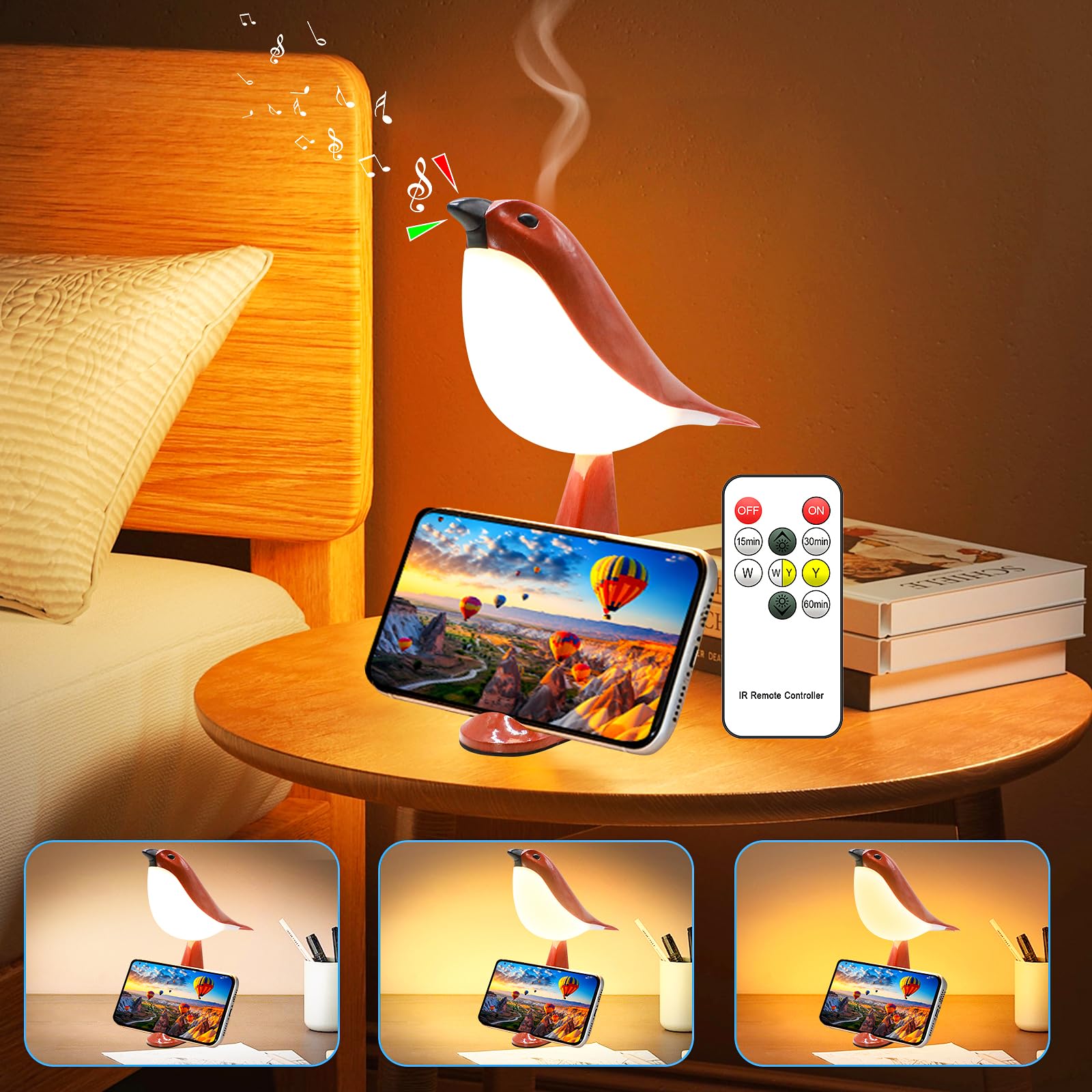 Small Desk Lamp, Small Bird Table Lamp,2600mAh Rechargeable Cordless Lamp, 3 Color Temperatures, Remote & Touch Sensor, Timer & 