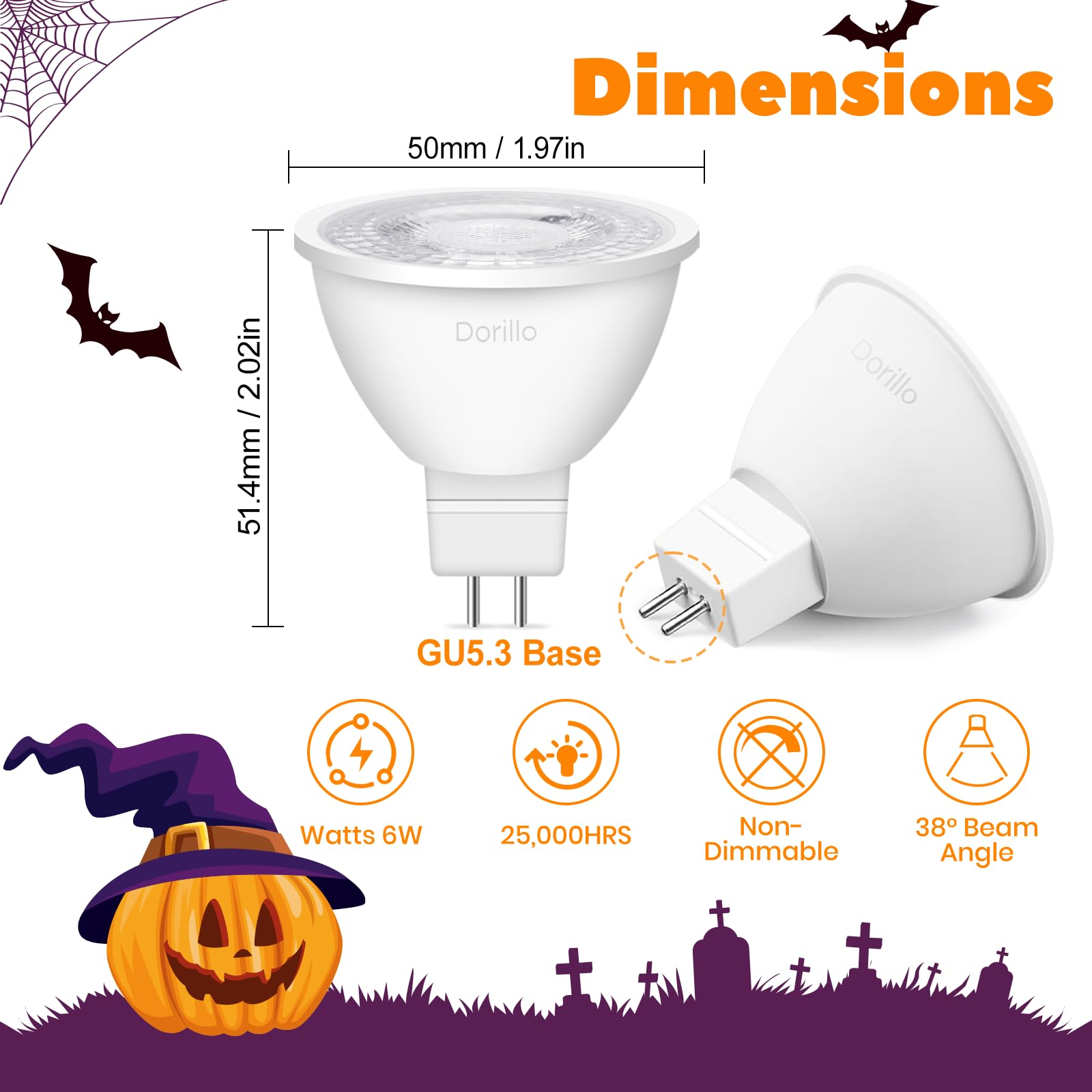 Dorillo MR16 Purple LED Light Bulbs 6 Pack, 6W (50W Equivalent), GU5.3 Bi-Pin 12V, Non-Dimmable, Ideal for Halloween Decor