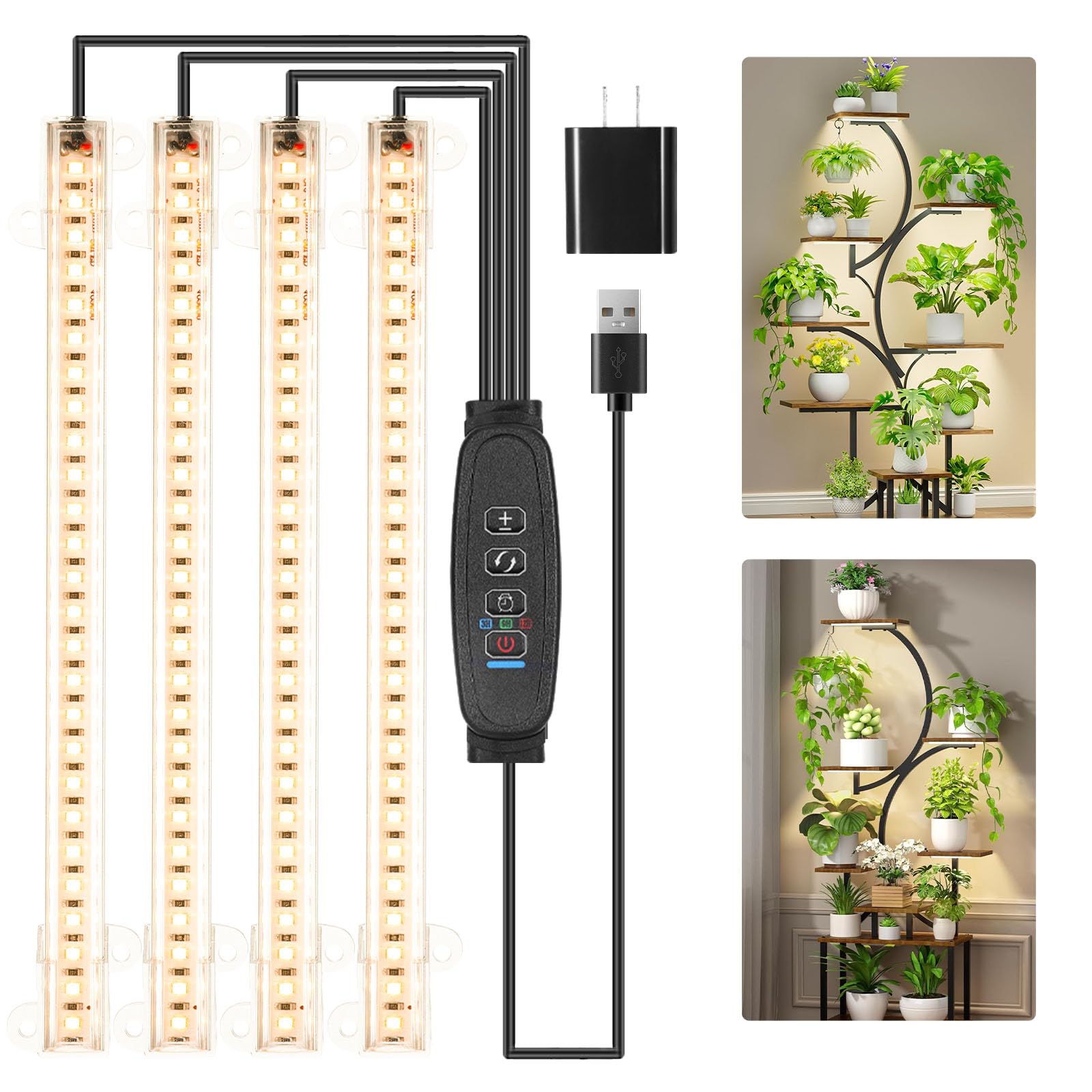 Four Head 8.6 Inches LED Grow Light Bands  Grow Lights for Indoor Plants Full Spectrum 3000K  104 LEDs Plant Light with 10 Dimmable Levels  3/9/12H Timer for Seedling Succulent and Plant Shelf