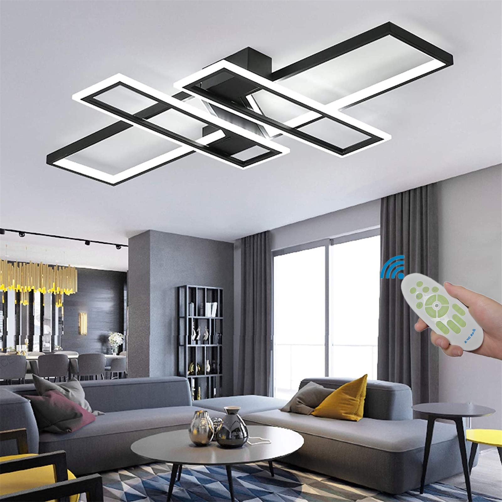 SMG Modern LED Ceiling Lights Fixture for Bedroom  47 Remote Control Dimmable Led Chandelier  Flush Mount Square Design Ceiling Lamp for Kitchen Living Room Black