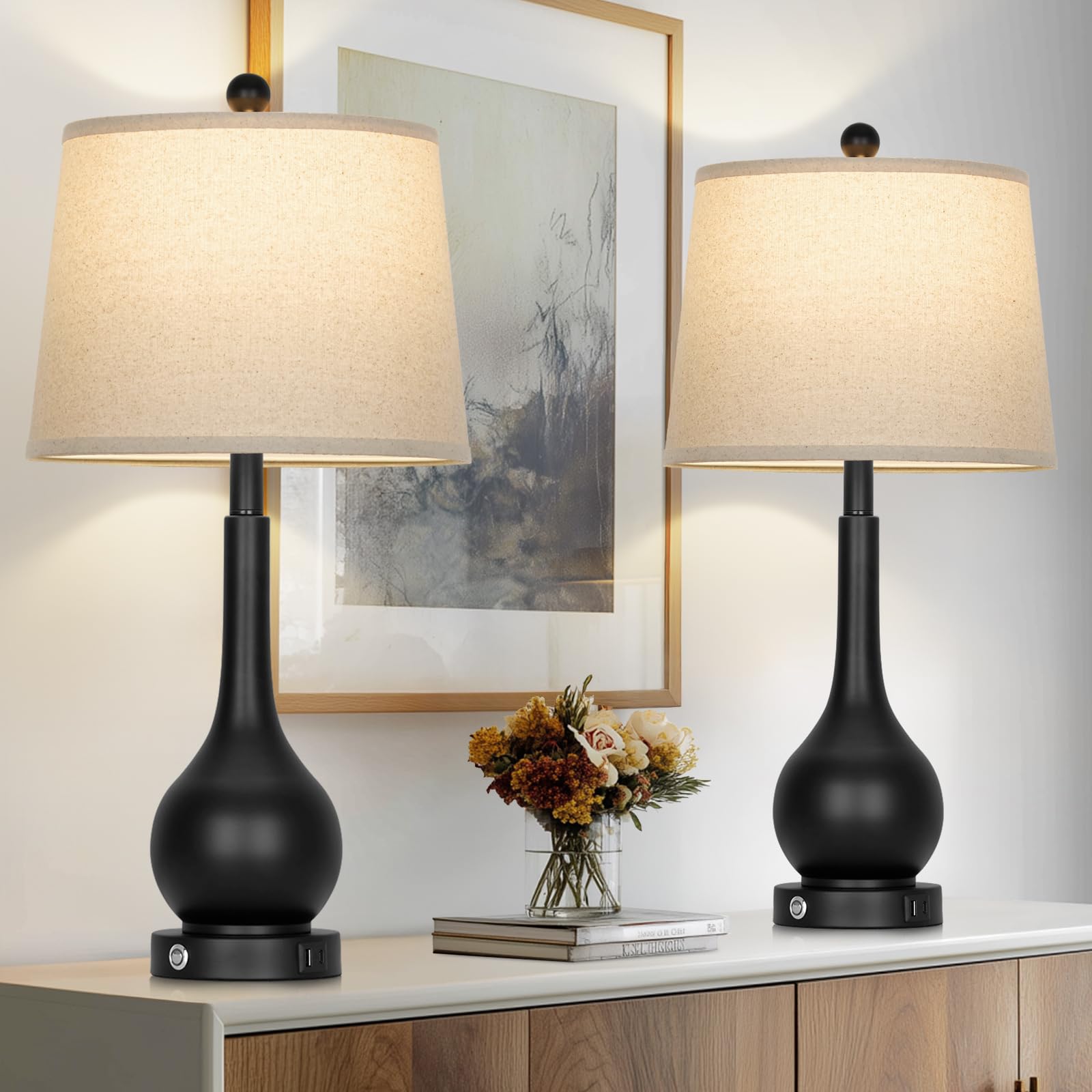 luxeflow 26 Black Table Lamps Set of 2 for Living Room, Touch Control Bedside Lamp for Bedroom, 3-Way Dimmable Nightstand Lamp w